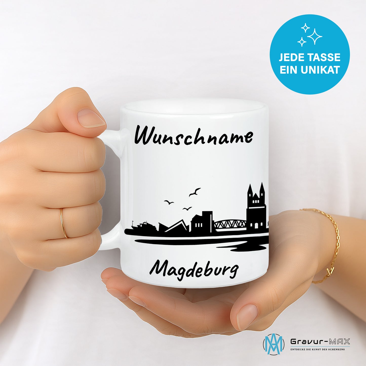 Tasse in Weiß 330ml bedruckt mit der Skyline von Magdeburg personalisierbar mit Wunschname