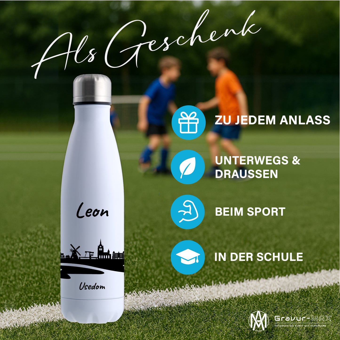 Trinkflasche in Weiß 500ml aus Edelstahl bedruckt mit der Skyline von Usedom personalisierbar mit Wunschname