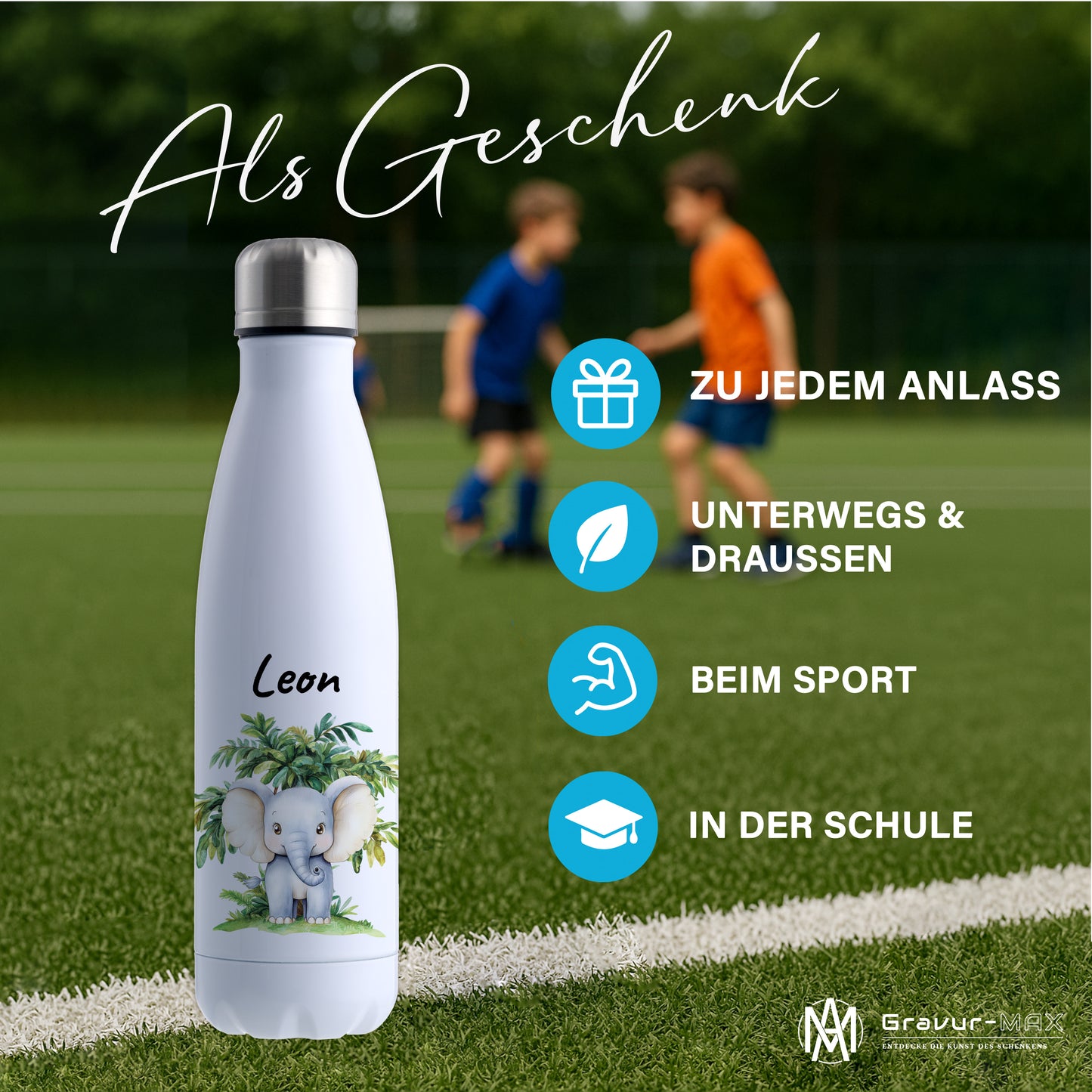 Trinkflasche in Weiß 500ml aus Edelstahl bedruckt mit Dschungel Tieren"Elefant" personalisierbar für Kinder mit Wunschname