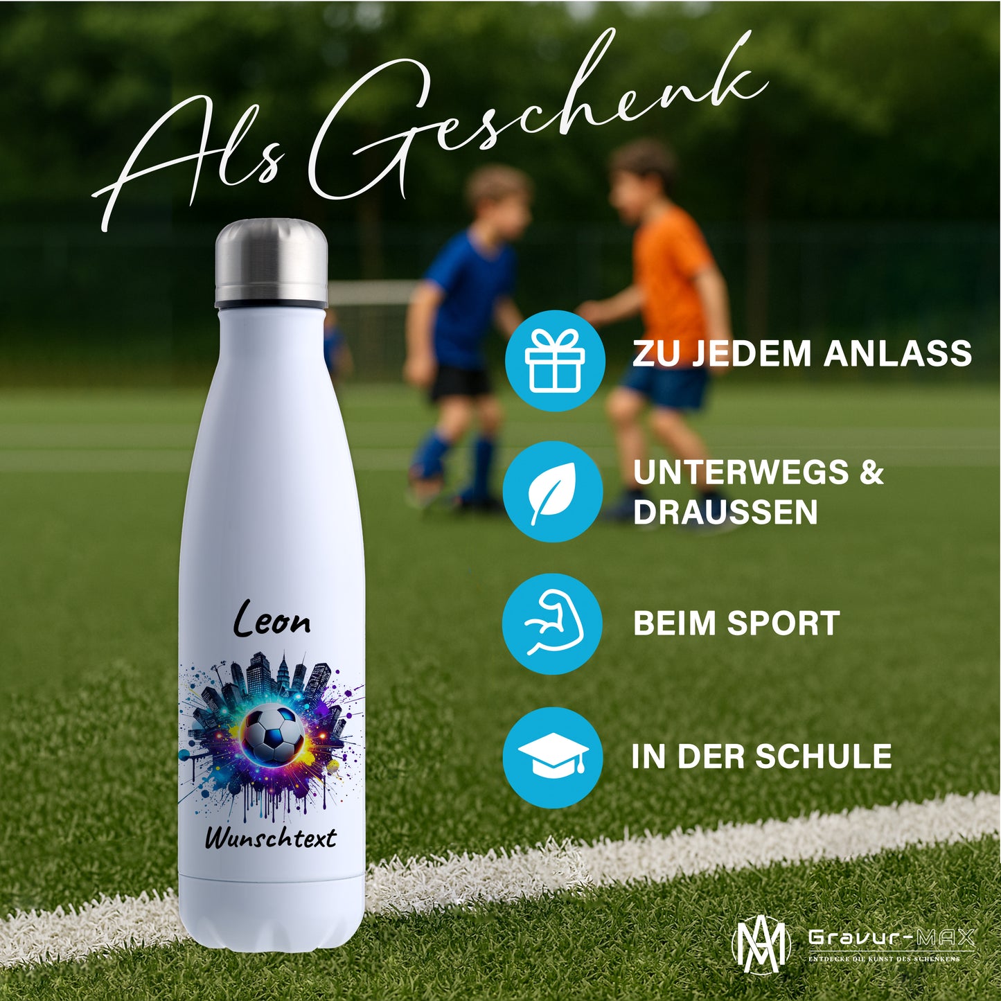 Thermoflasche 500ml in Weiß aus Edelstahl bedruckt "Fußball" Motiv7 personalisierbar mit Wunschname & Text