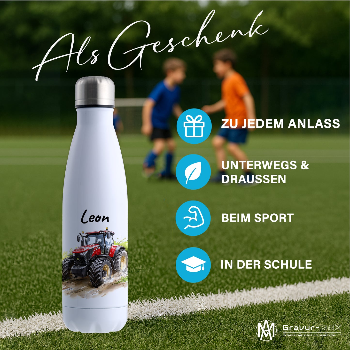 Thermoflasche 500ml in Weiß bedruckt mit tollen Motiven für Kinder "Traktor" personalisierbar mit Wunschname