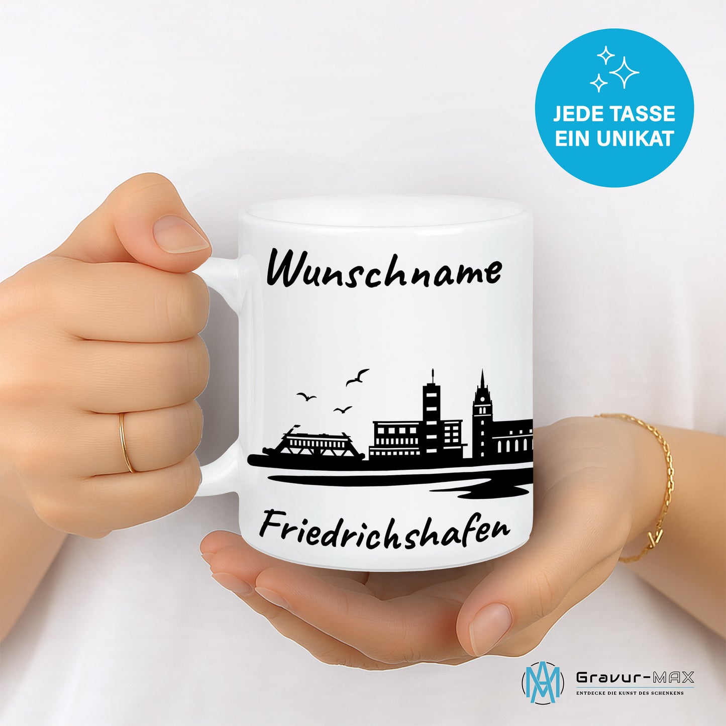 Tasse in Weiß 330ml bedruckt mit der Skyline von Friedrichshafen personalisierbar mit Wunschname