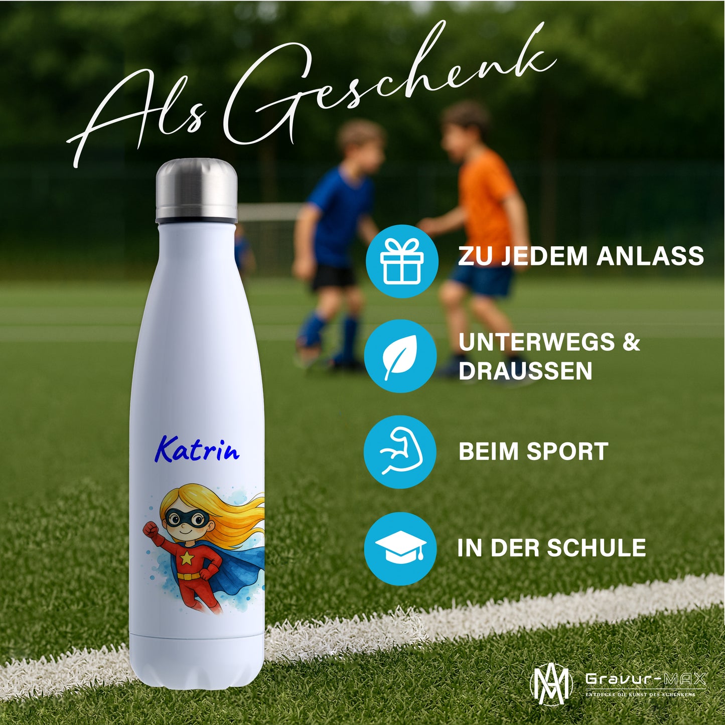 Thermoflasche 500ml in Weiß bedruckt mit tollen Motiven für Kinder "Superheldin" personalisierbar mit Wunschname