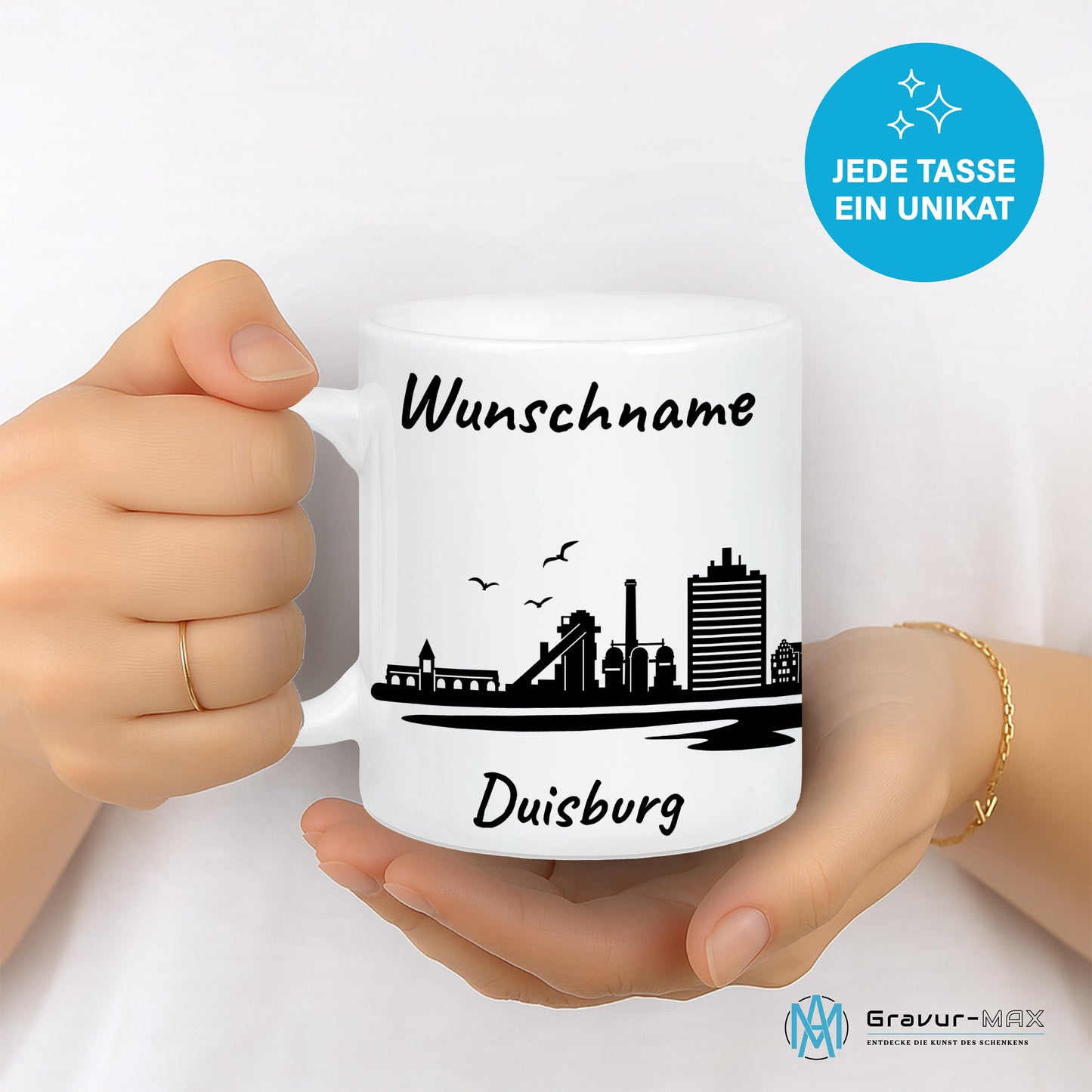 Tasse in Weiß 330ml bedruckt mit der Skyline von Duisburg personalisierbar mit Wunschname