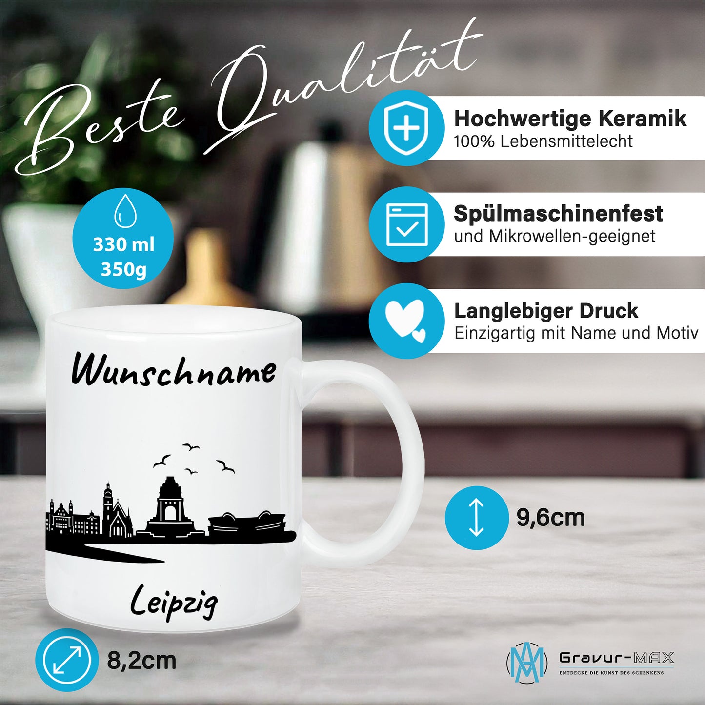 Tasse in Weiß 330ml bedruckt mit der Skyline von Leipzig personalisierbar mit Wunschname