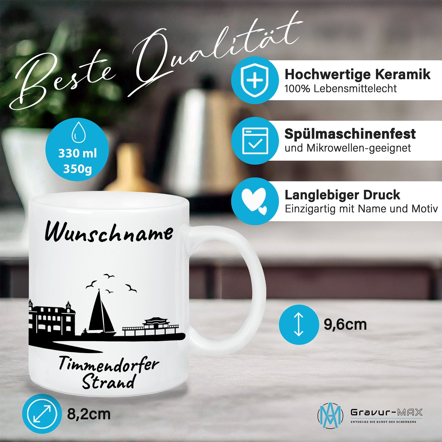 Tasse in Weiß 330ml bedruckt mit der Skyline von Timmendorfer Strand personalisierbar mit Wunschname
