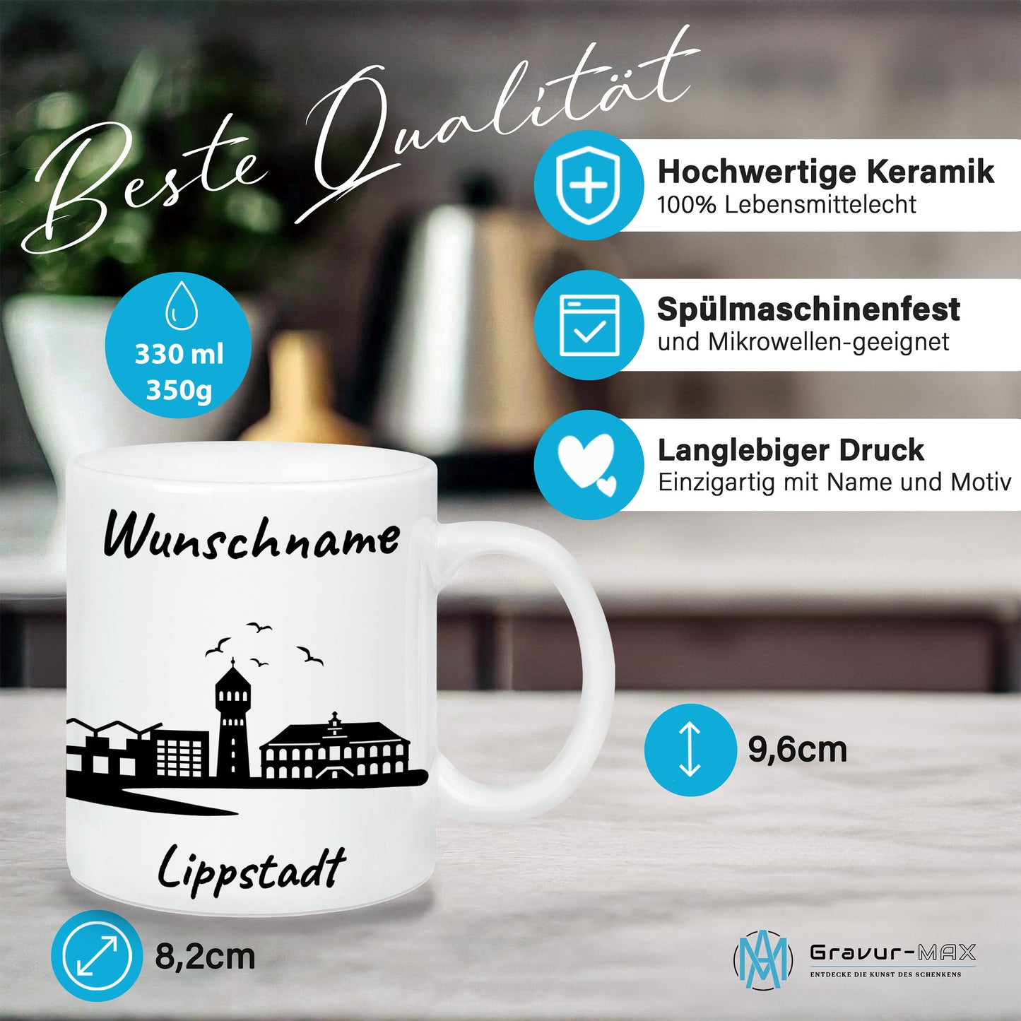 Tasse in Weiß 330ml bedruckt mit der Skyline von Lippstadt personalisierbar mit Wunschname