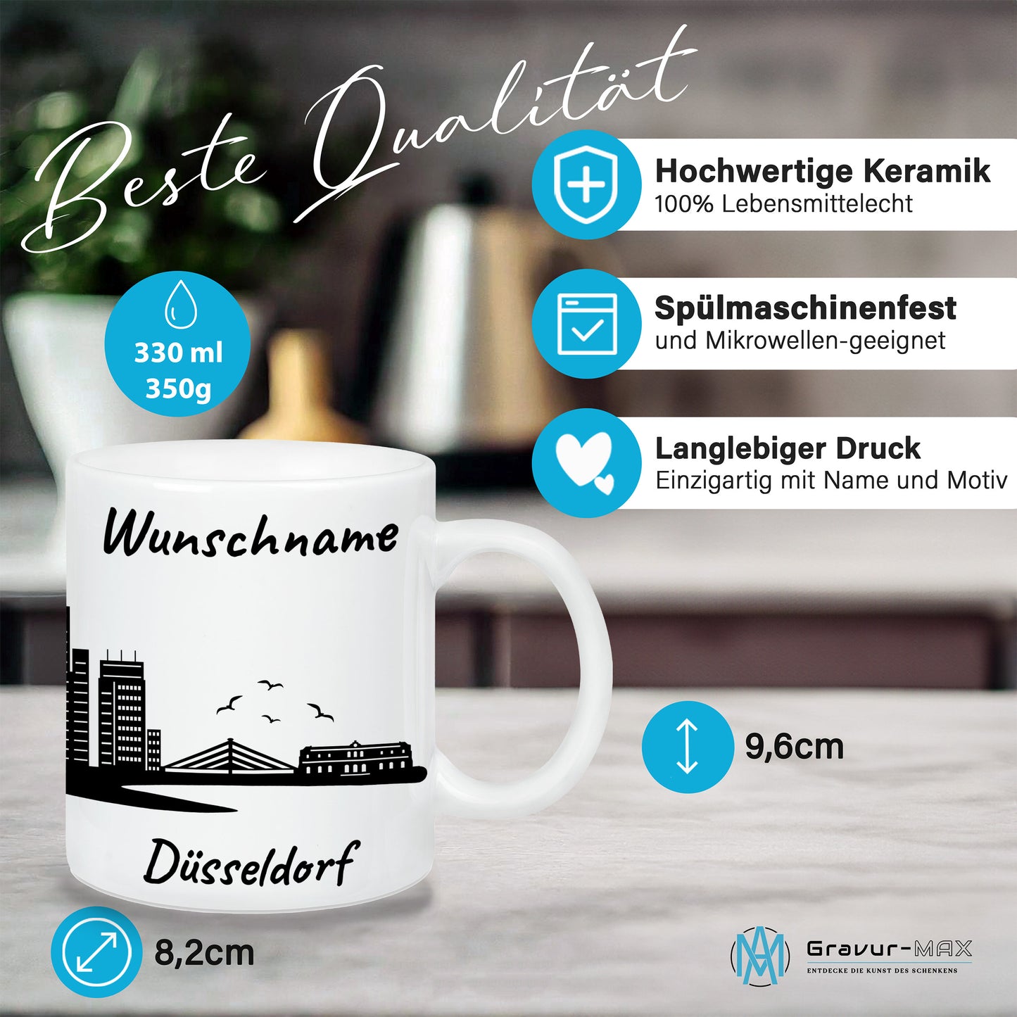 Tasse in Weiß 330ml bedruckt mit der Skyline von Düsseldorf personalisierbar mit Wunschname