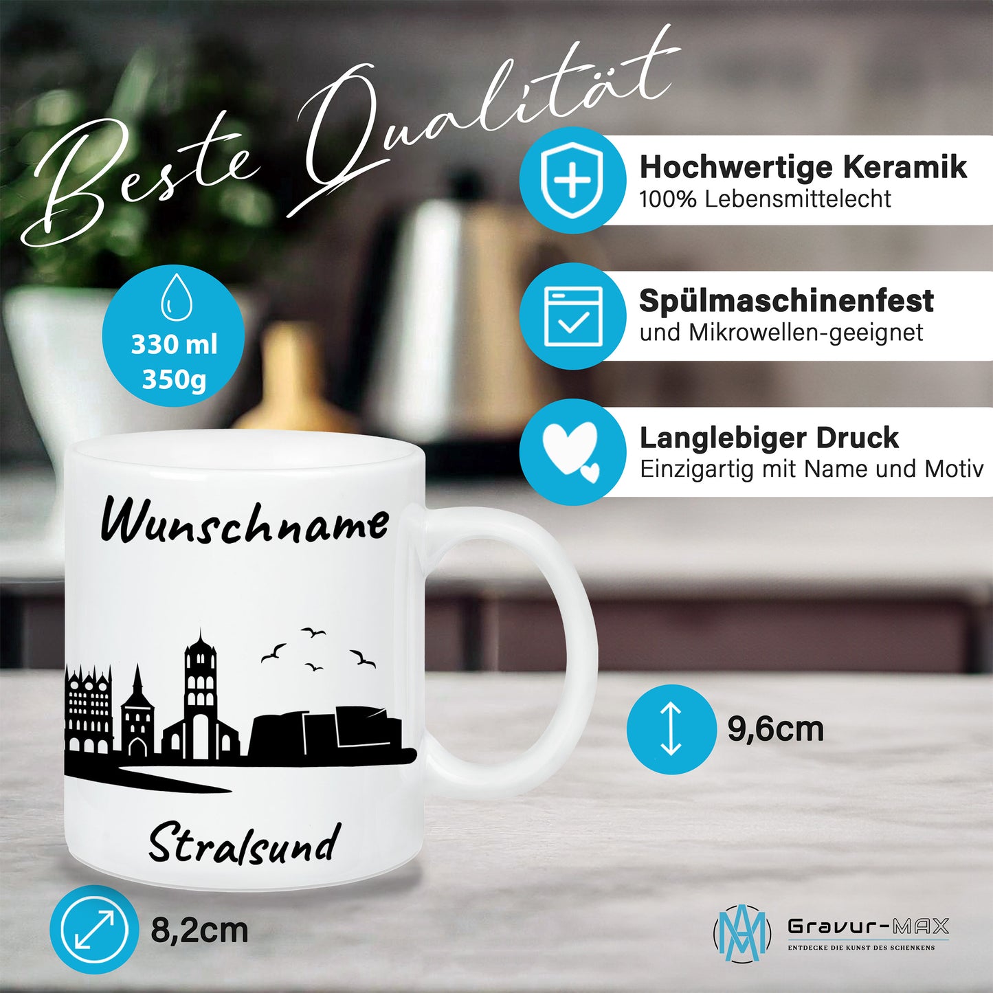 Tasse in Weiß 330ml bedruckt mit der Skyline von Stralsund personalisierbar mit Wunschname