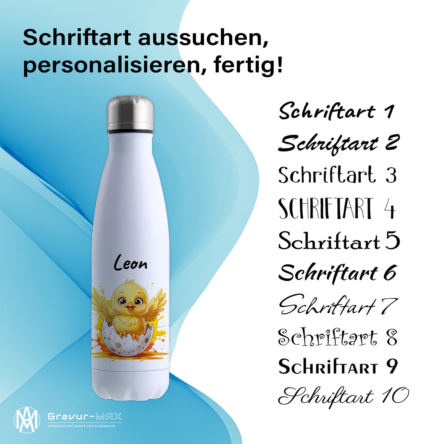 Trinkflasche in Weiß 500ml aus Edelstahl bedruckt mit niedlichen Tieren "Küken" personalisierbar für Kinder mit Wunschname