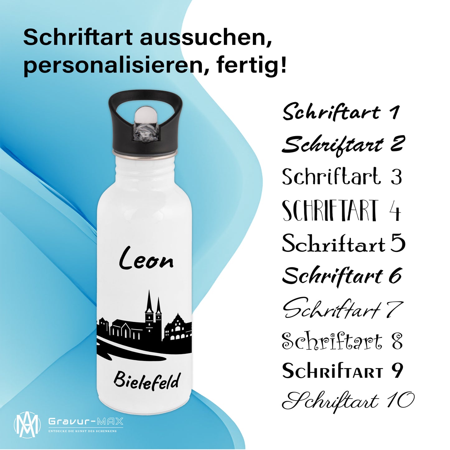 Trinkflasche in Weiß 600ml aus Edelstahl bedruckt mit der Skyline von Bielefeld personalisierbar mit Wunschname