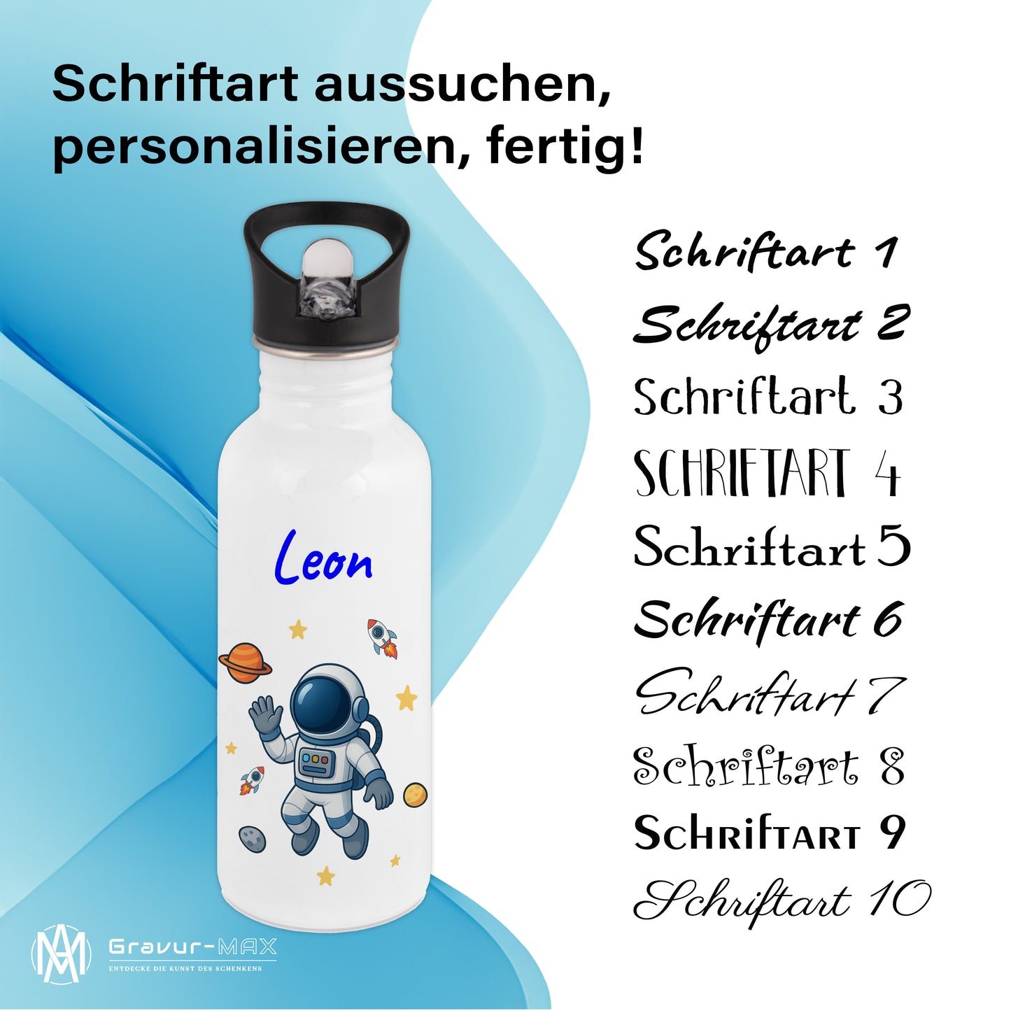 Trinkflasche mit Strohhalm in Weiß 600ml bedruckt mit tollen Motiven für Kinder "Astronaut" personalisierbar für Kinder mit Wunschname aus Edelstahl