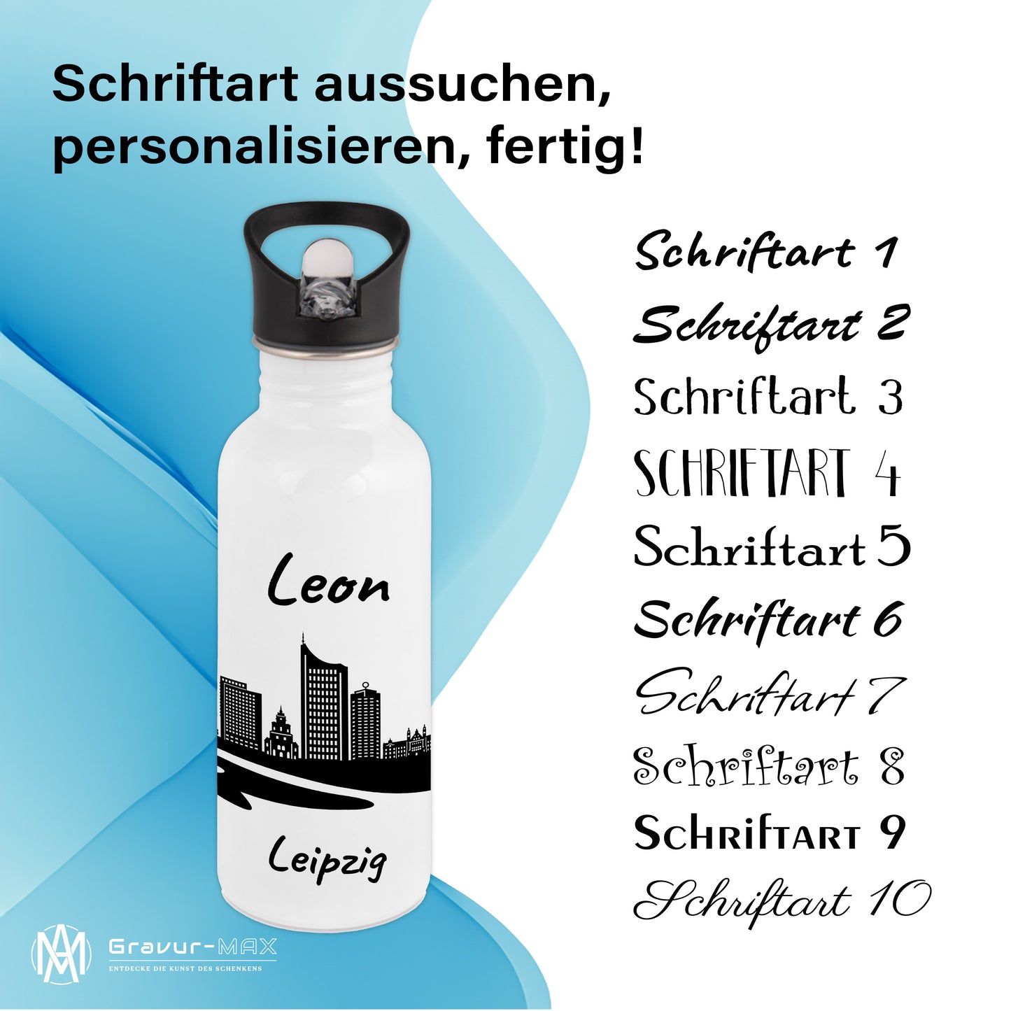 Trinkflasche in Weiß 600ml aus Edelstahl bedruckt mit der Skyline von Leipzig personalisierbar mit Wunschname