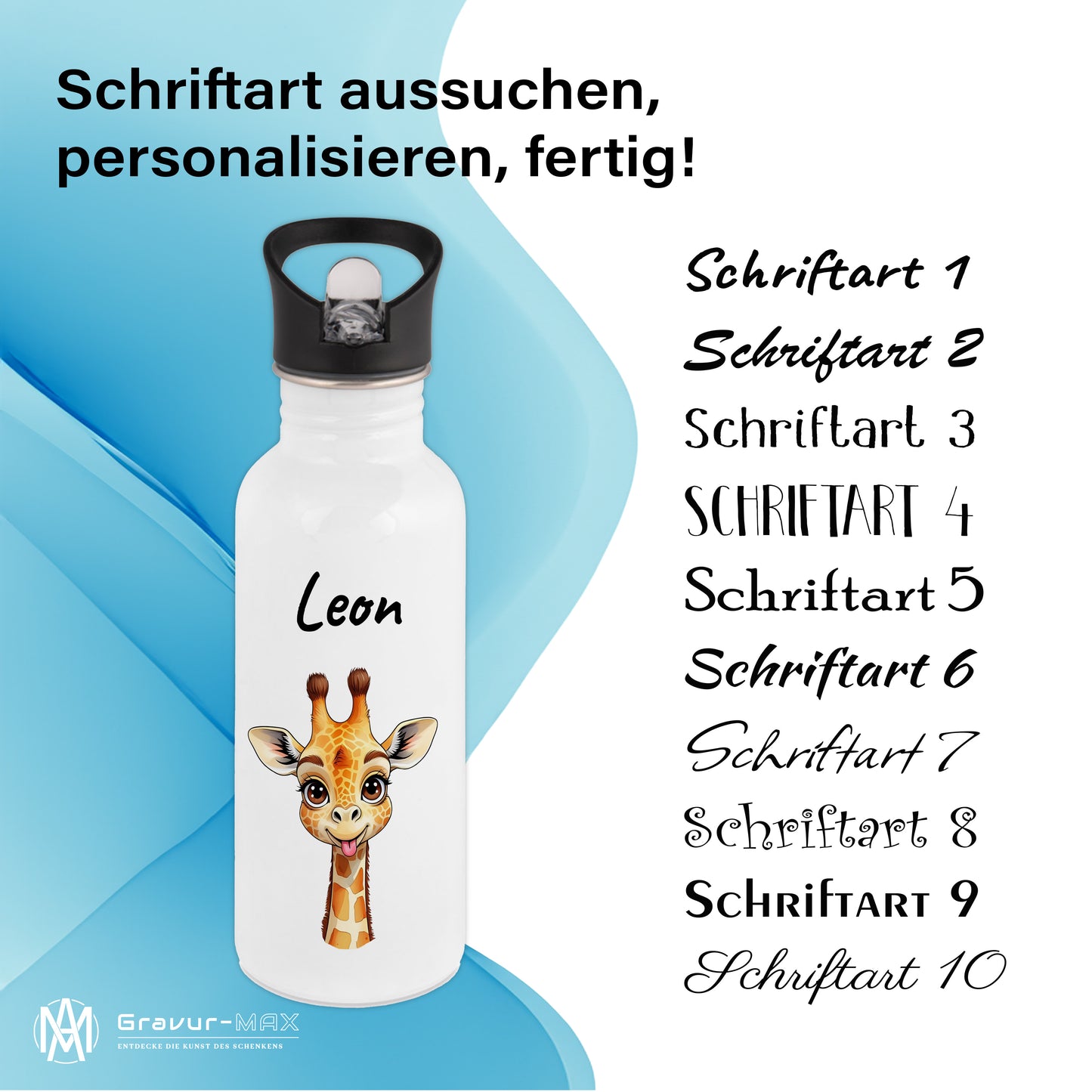 Trinkflasche mit Strohhalm in Weiß 600ml bedruckt mit niedlichen Tieren"Giraffe" personalisierbar für Kinder mit Wunschname aus Edelstahl