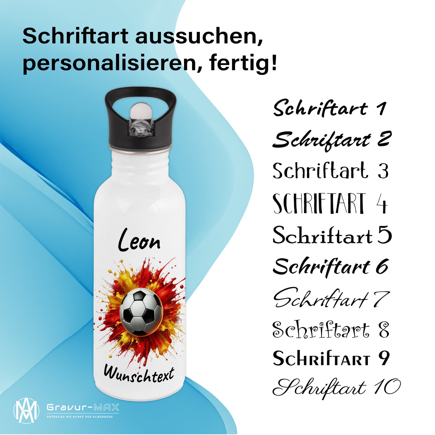 Trinkflasche mit Strohhalm in Weiß 600ml bedruckt mit Fußball Motiven"Motiv9" personalisierbar für Kinder mit Wunschname aus Edelstahl