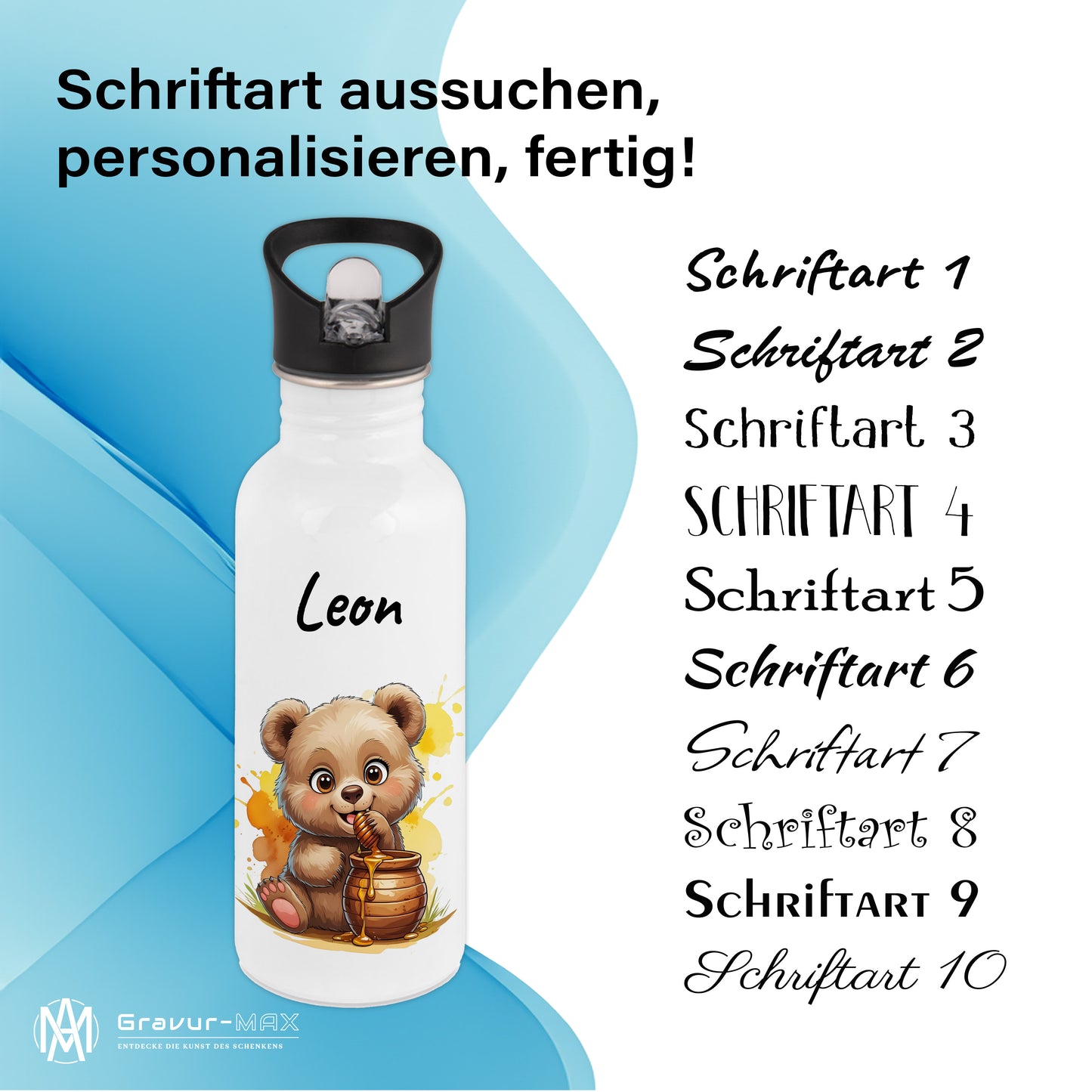 Trinkflasche mit Strohhalm in Weiß 600ml bedruckt mit niedlichen Tieren"Bär" personalisierbar für Kinder mit Wunschname aus Edelstahl