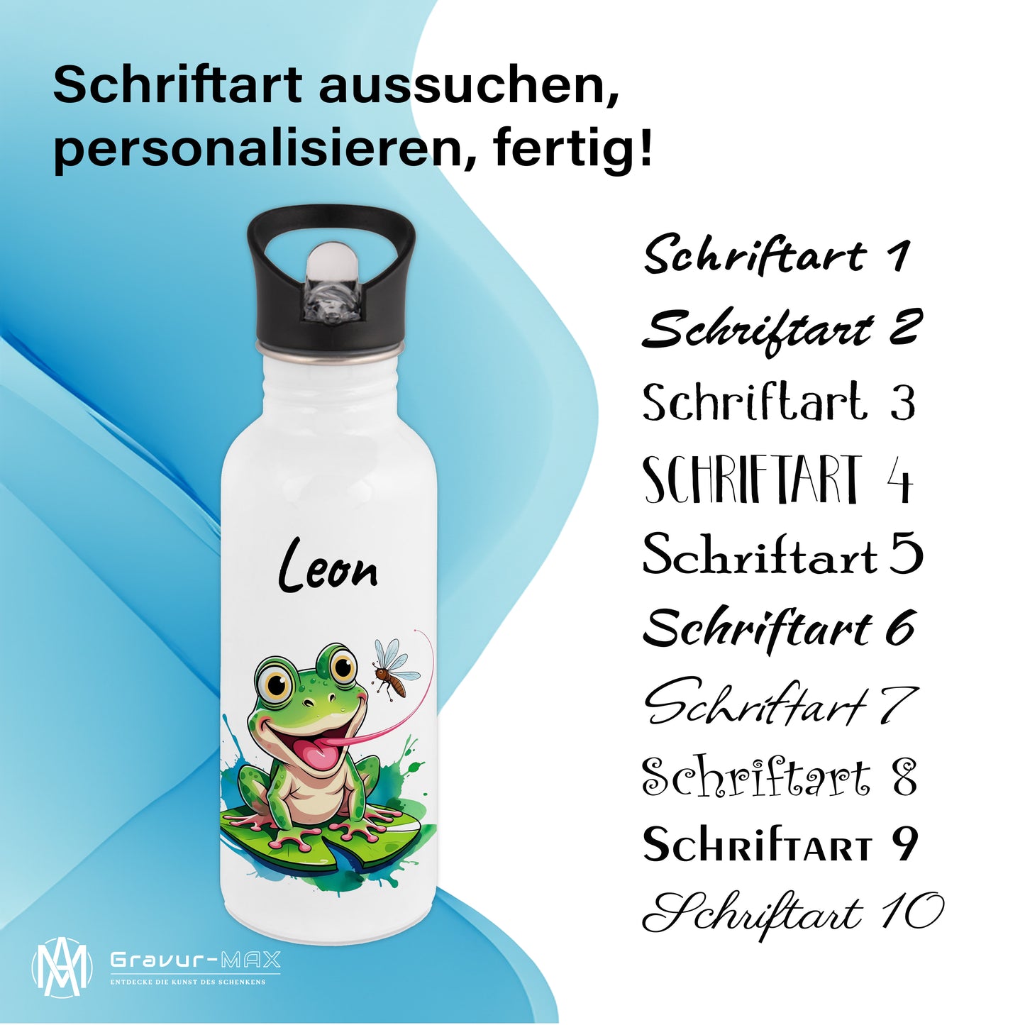 Trinkflasche mit Strohhalm in Weiß 600ml bedruckt mit niedlichen Tieren"Frosch" personalisierbar für Kinder mit Wunschname aus Edelstahl