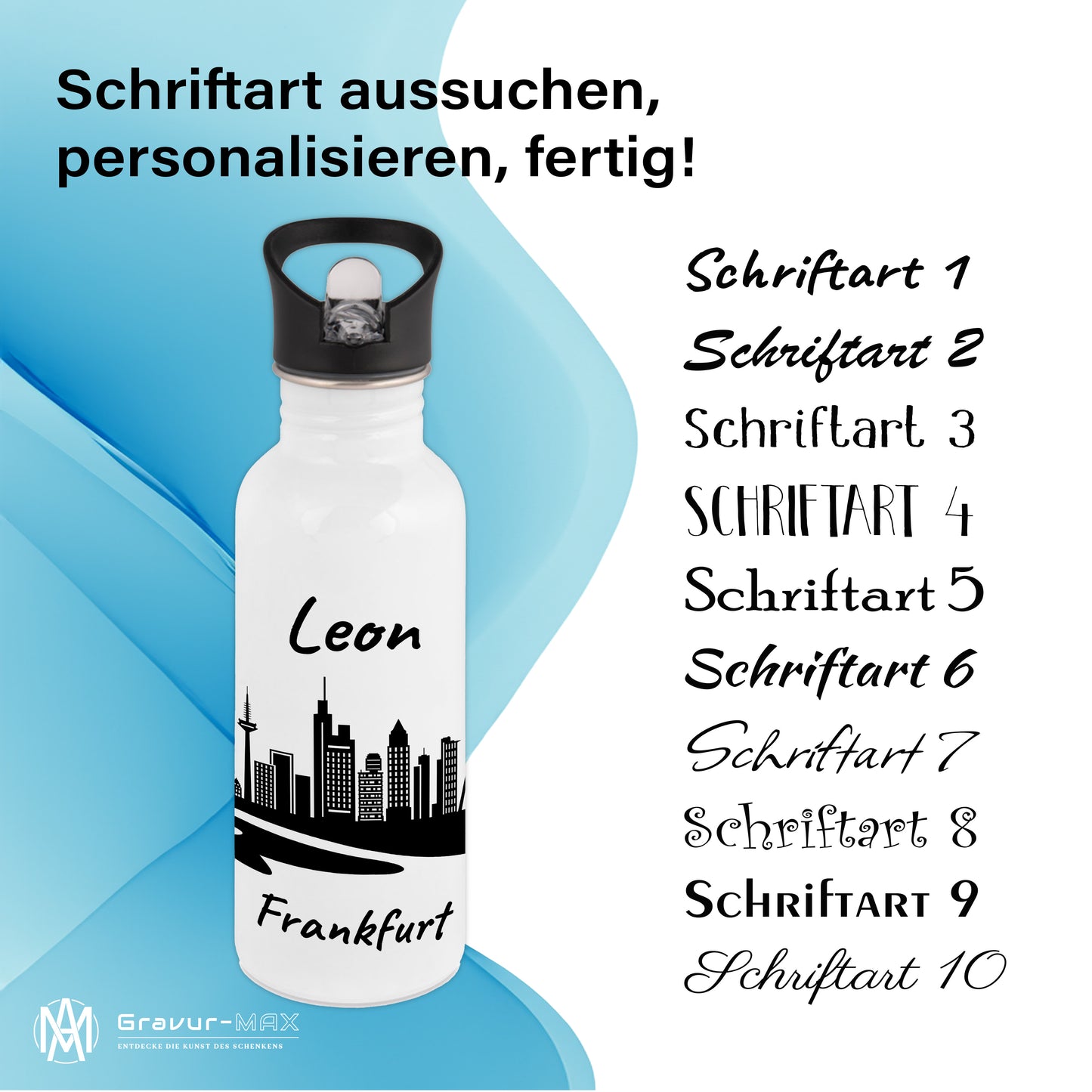 Trinkflasche in Weiß 600ml aus Edelstahl bedruckt mit der Skyline von Frankfurt personalisierbar mit Wunschname
