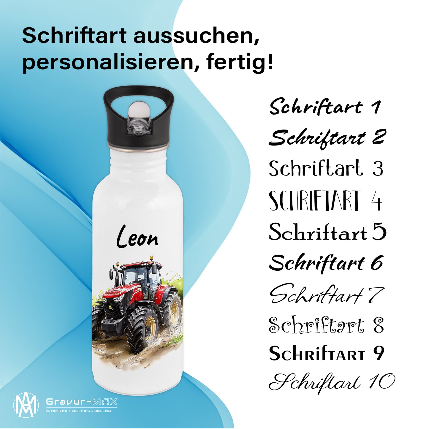Trinkflasche mit Strohhalm in Weiß 600ml bedruckt mit tollen Motiven für Kinder "Traktor" personalisierbar für Kinder mit Wunschname aus Edelstahl