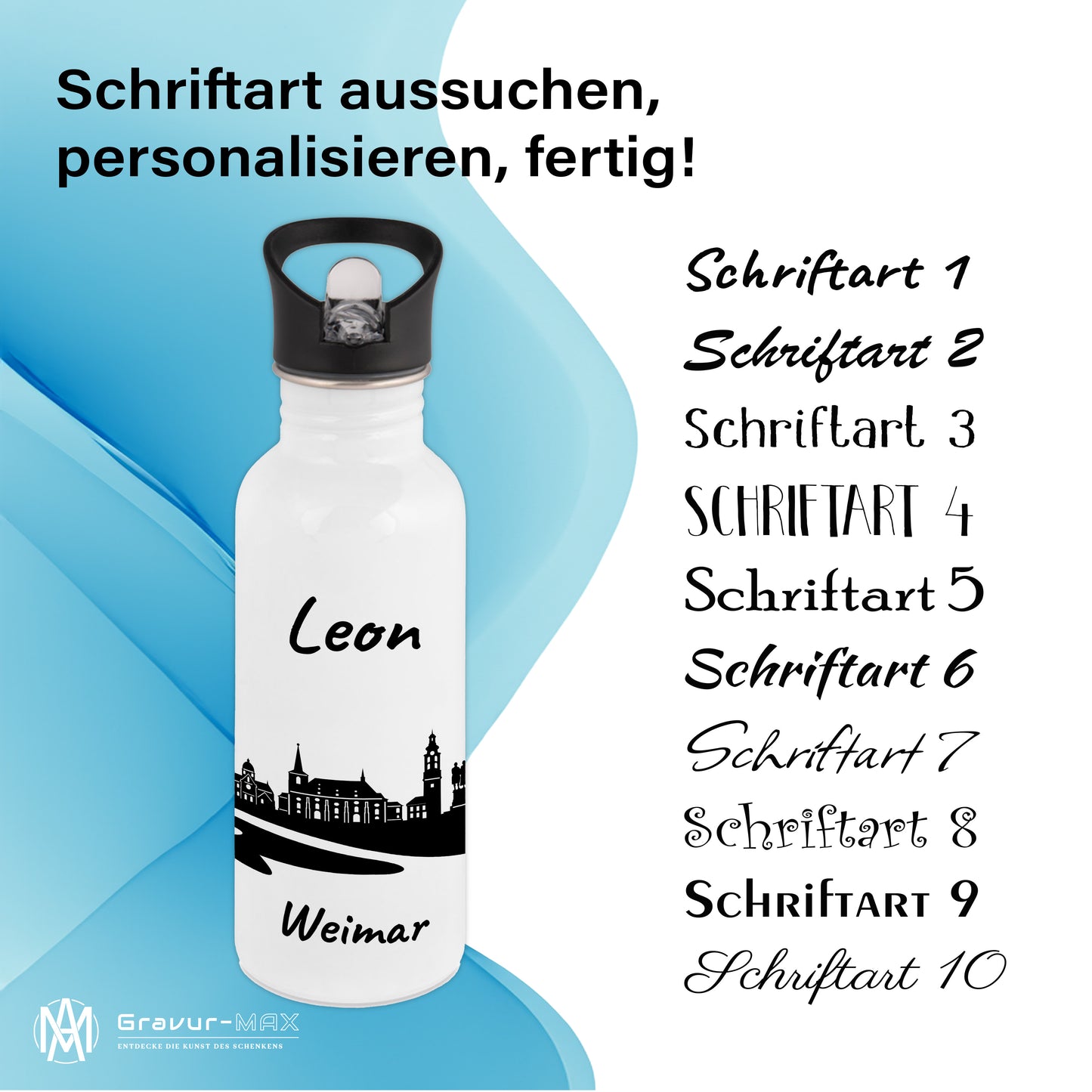 Trinkflasche in Weiß 600ml aus Edelstahl bedruckt mit der Skyline von Weimar personalisierbar mit Wunschname