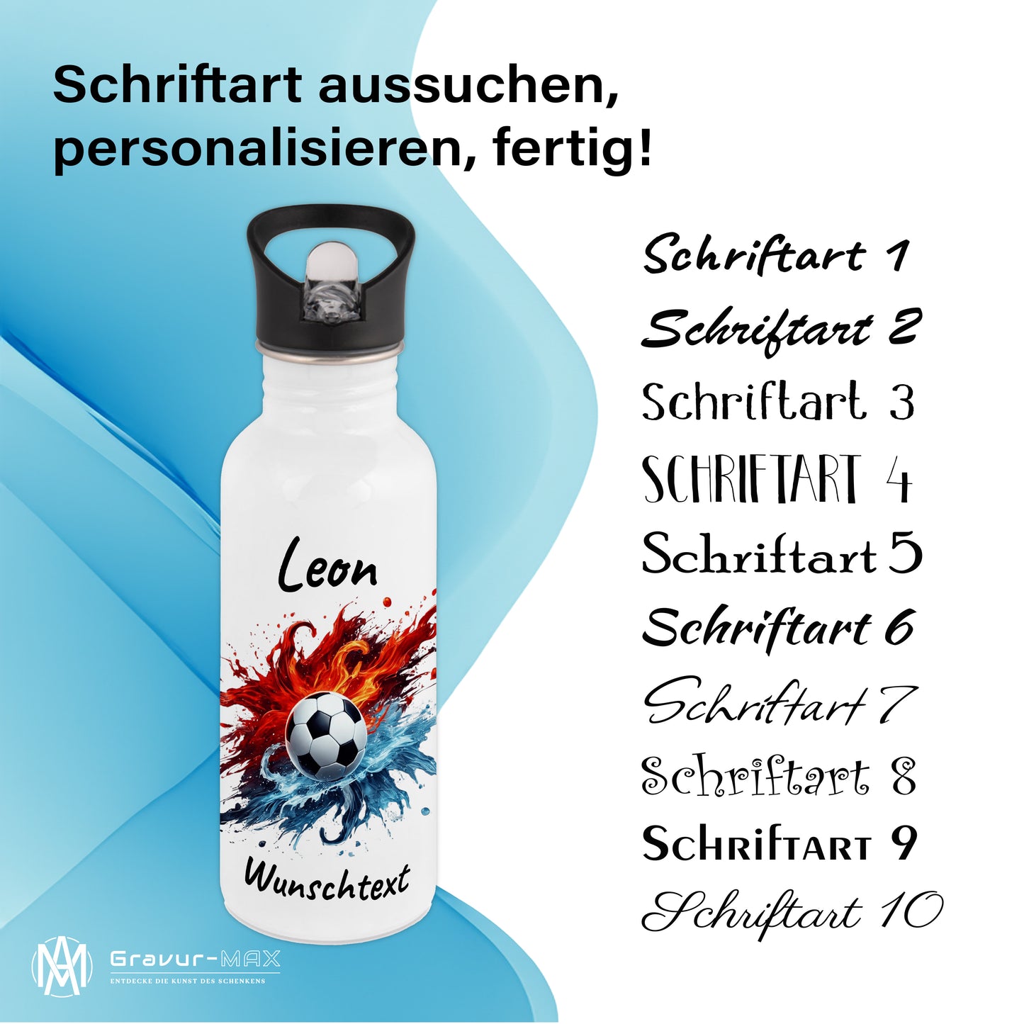 Trinkflasche mit Strohhalm in Weiß 600ml bedruckt mit Fußball Motiven"Motiv12" personalisierbar für Kinder mit Wunschname aus Edelstahl