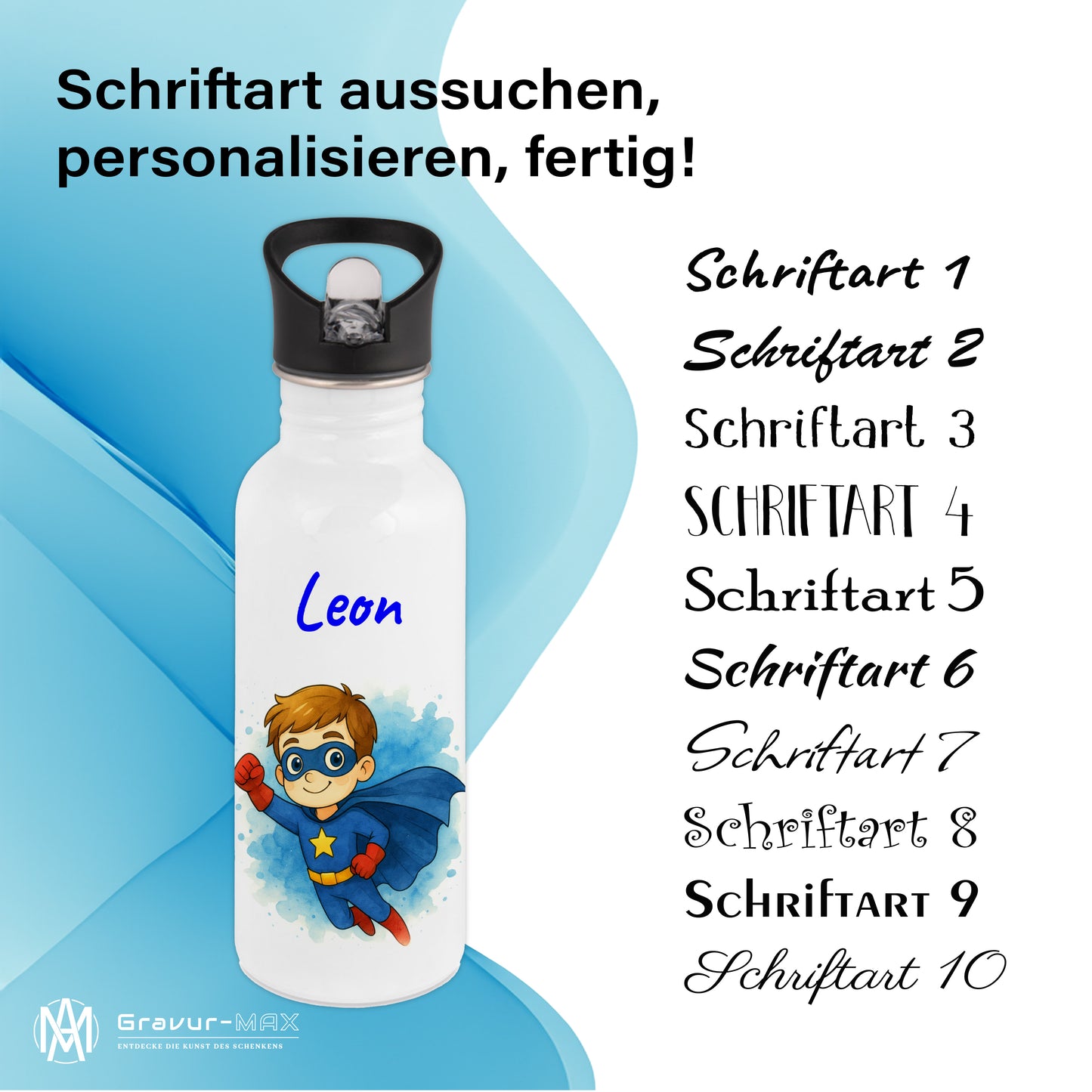 Trinkflasche mit Strohhalm in Weiß 600ml bedruckt mit tollen Motiven für Kinder "Superheld" personalisierbar für Kinder mit Wunschname aus Edelstahl
