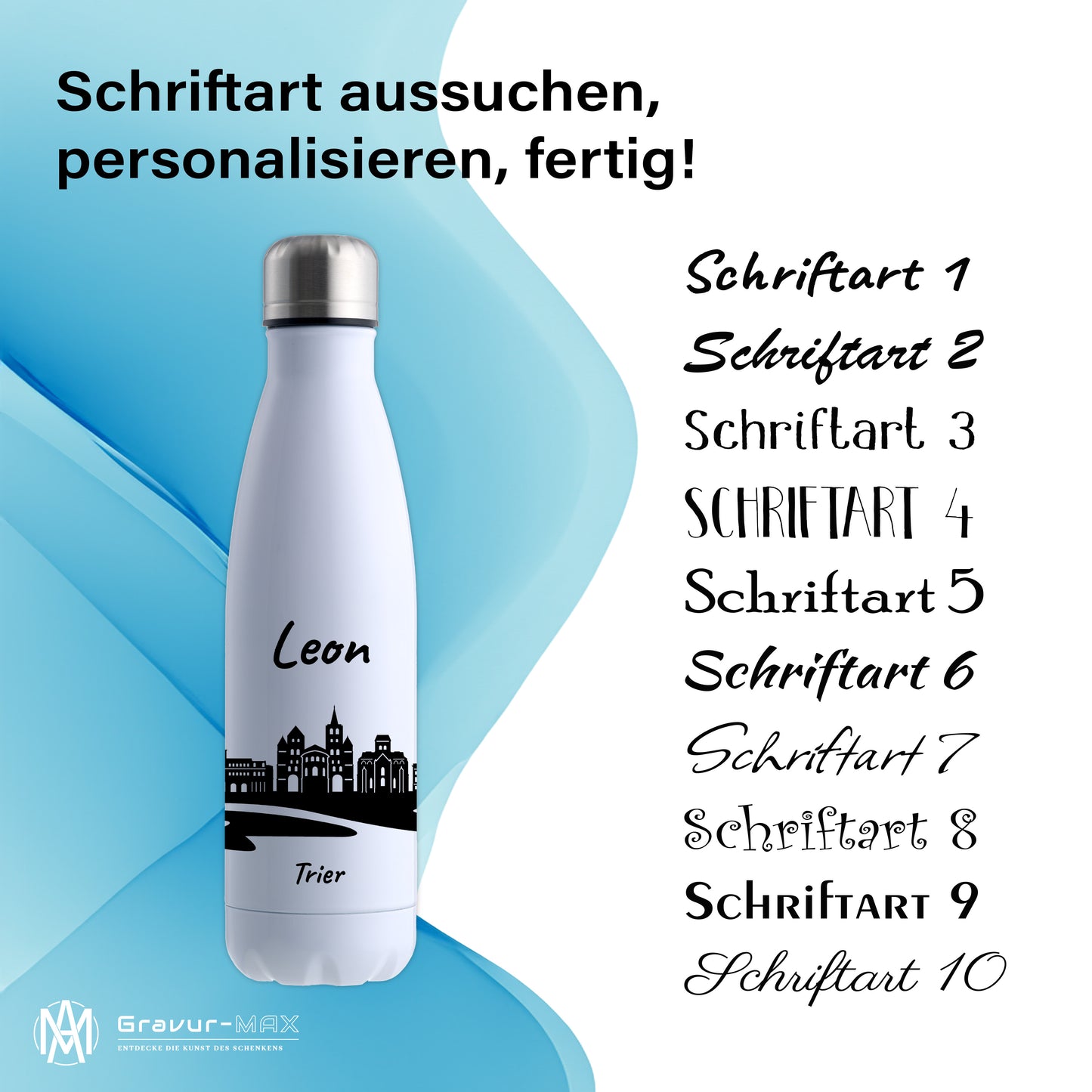 Trinkflasche in Weiß 500ml aus Edelstahl bedruckt mit der Skyline von Trier personalisierbar mit Wunschname