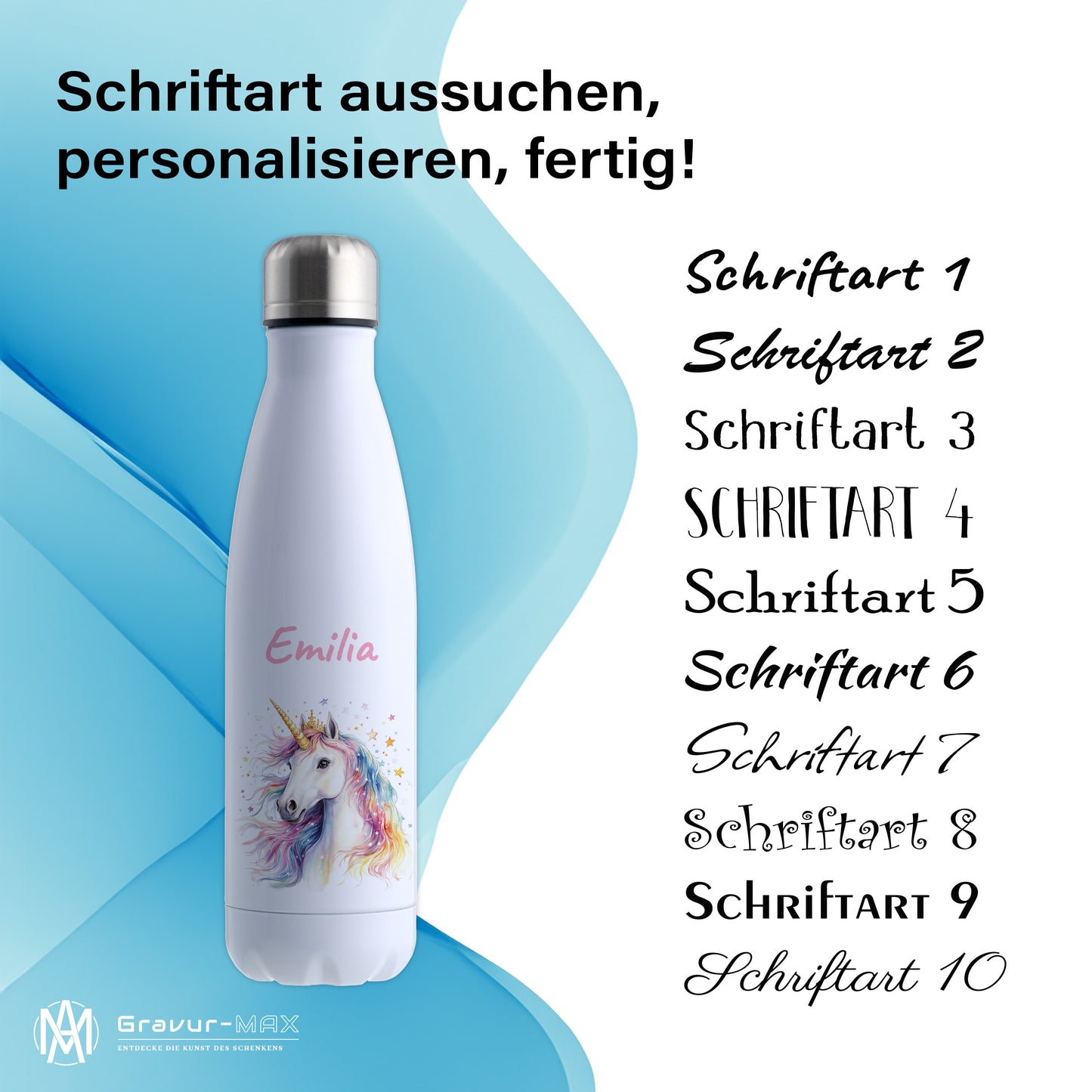 Thermoflasche 500ml in Weiß bedruckt mit tollen Motiven für Kinder "Einhorn" personalisierbar mit Wunschname