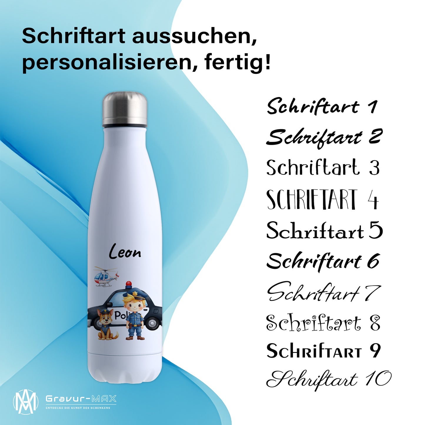 Thermoflasche 500ml in Weiß bedruckt mit tollen Motiven für Kinder "Polizei" personalisierbar mit Wunschname