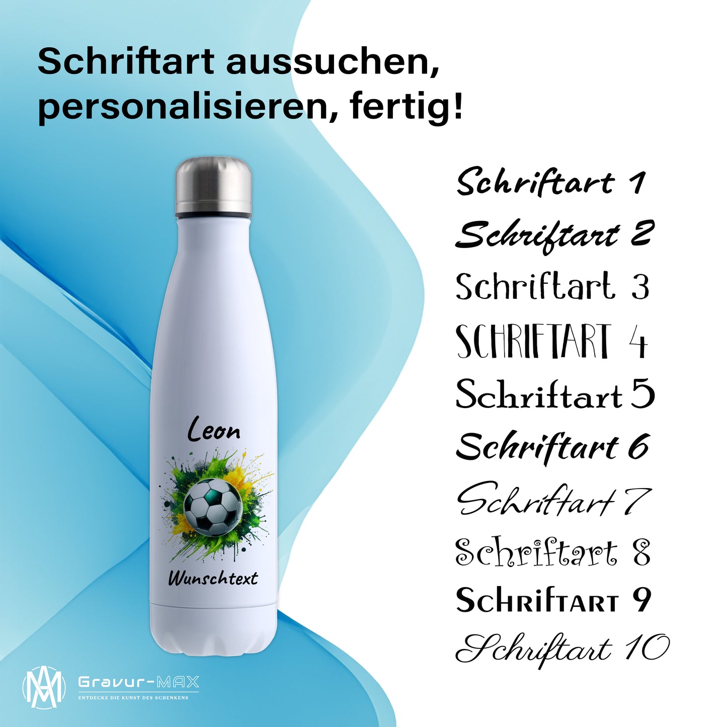 Thermoflasche 500ml in Weiß aus Edelstahl bedruckt "Fußball" Motiv11 personalisierbar mit Wunschname & Text