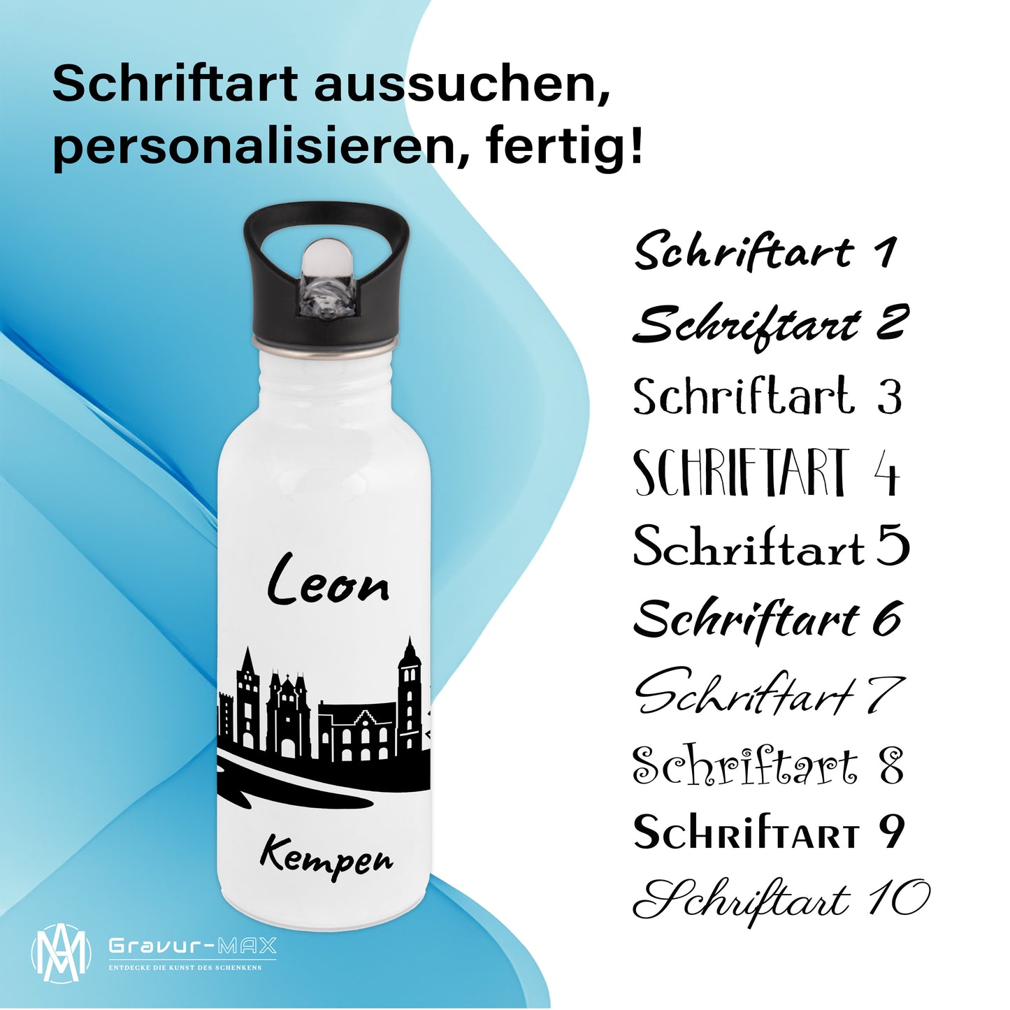 Trinkflasche in Weiß 600ml aus Edelstahl bedruckt mit der Skyline von Kempen personalisierbar mit Wunschname