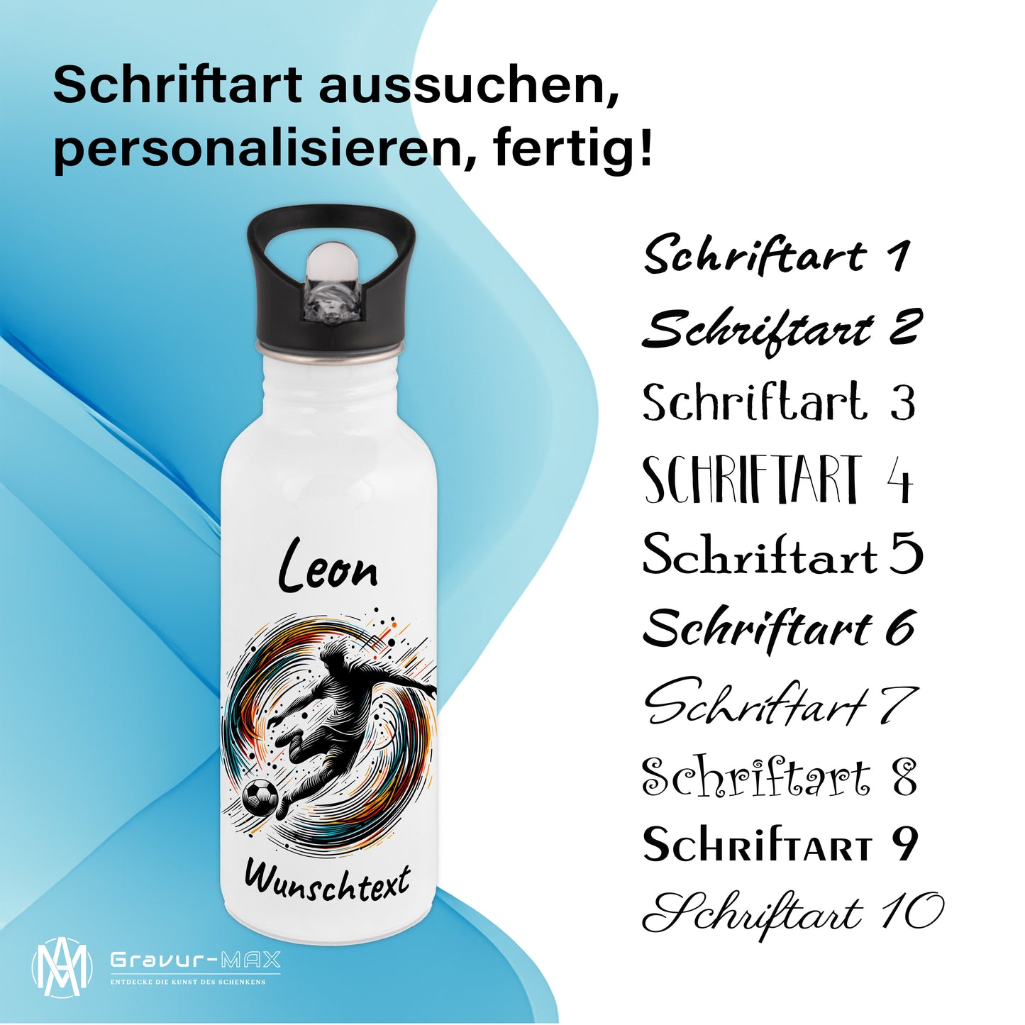 Trinkflasche mit Strohhalm in Weiß 600ml bedruckt mit Fußball Motiven"Motiv1" personalisierbar für Kinder mit Wunschname aus Edelstahl