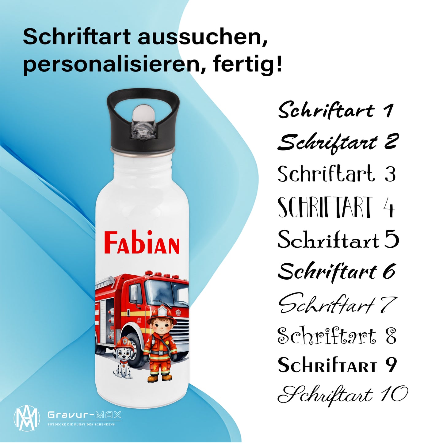 Trinkflasche mit Strohhalm in Weiß 600ml bedruckt mit tollen Motiven für Kinder "Feuerwehr" personalisierbar für Kinder mit Wunschname aus Edelstahl