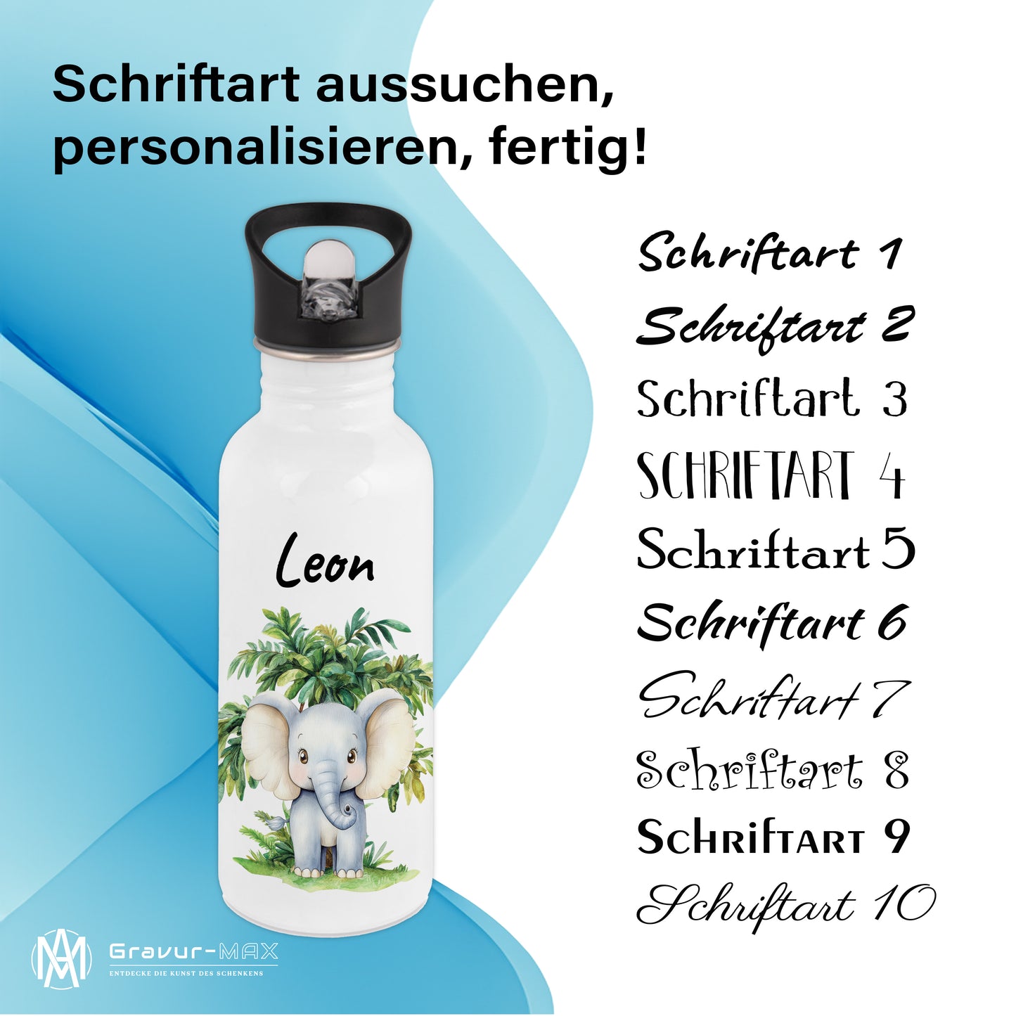 Trinkflasche mit Strohhalm in Weiß 600ml bedruckt mit Dschungel Tieren"Elefant" personalisierbar für Kinder mit Wunschname aus Edelstahl