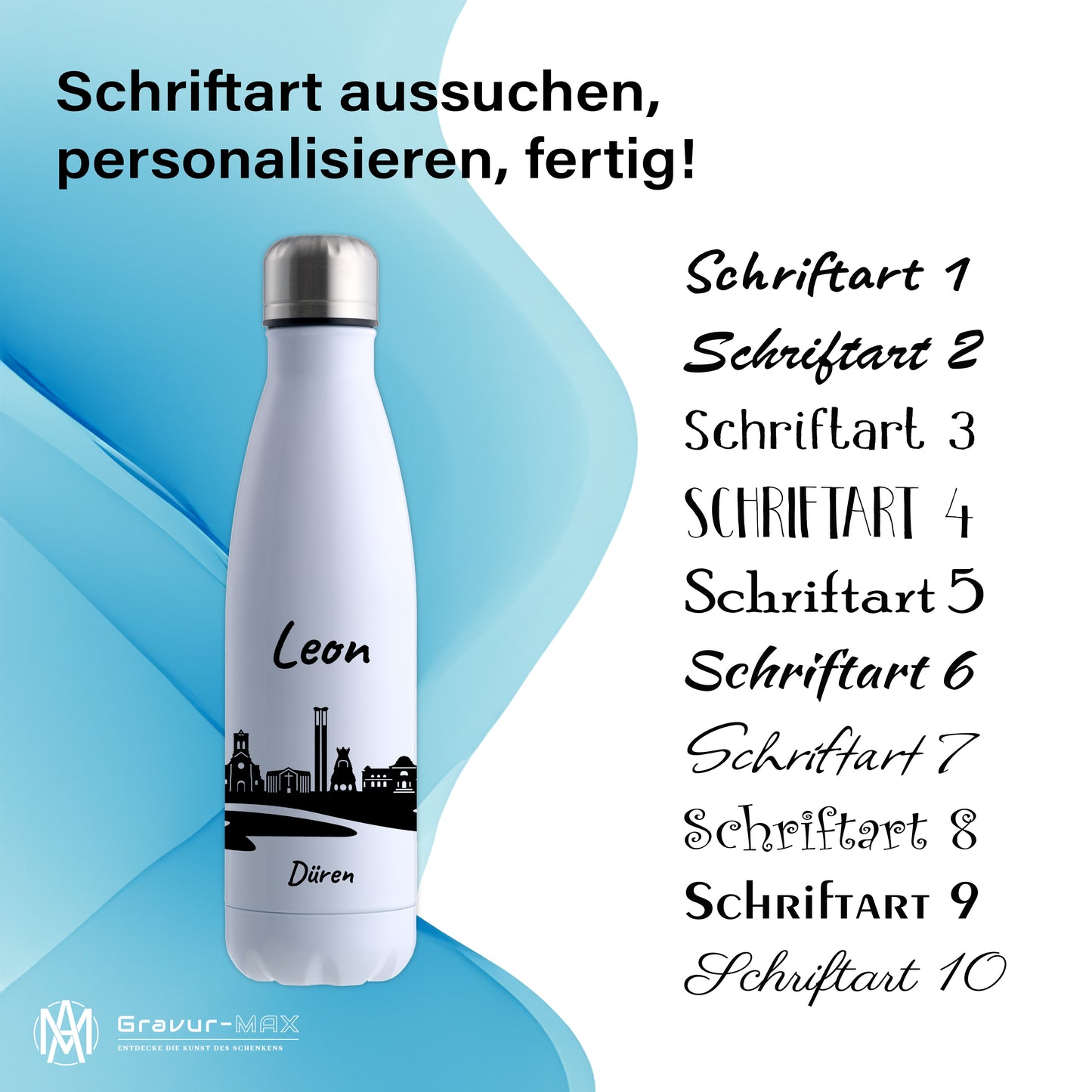 Trinkflasche in Weiß 500ml aus Edelstahl bedruckt mit der Skyline von Düren personalisierbar mit Wunschname