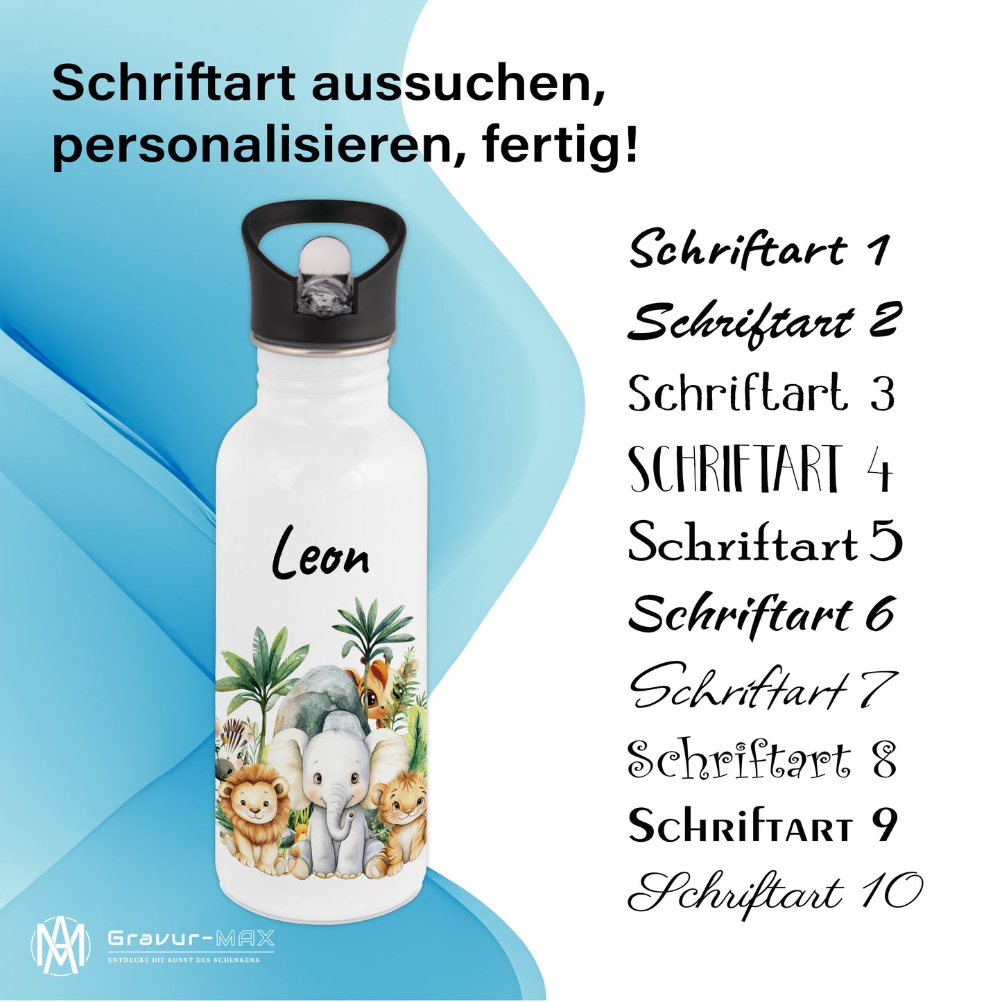 Trinkflasche mit Strohhalm in Weiß 600ml bedruckt mit Dschungel Tieren"Dschungel Tiere" personalisierbar für Kinder mit Wunschname aus Edelstahl