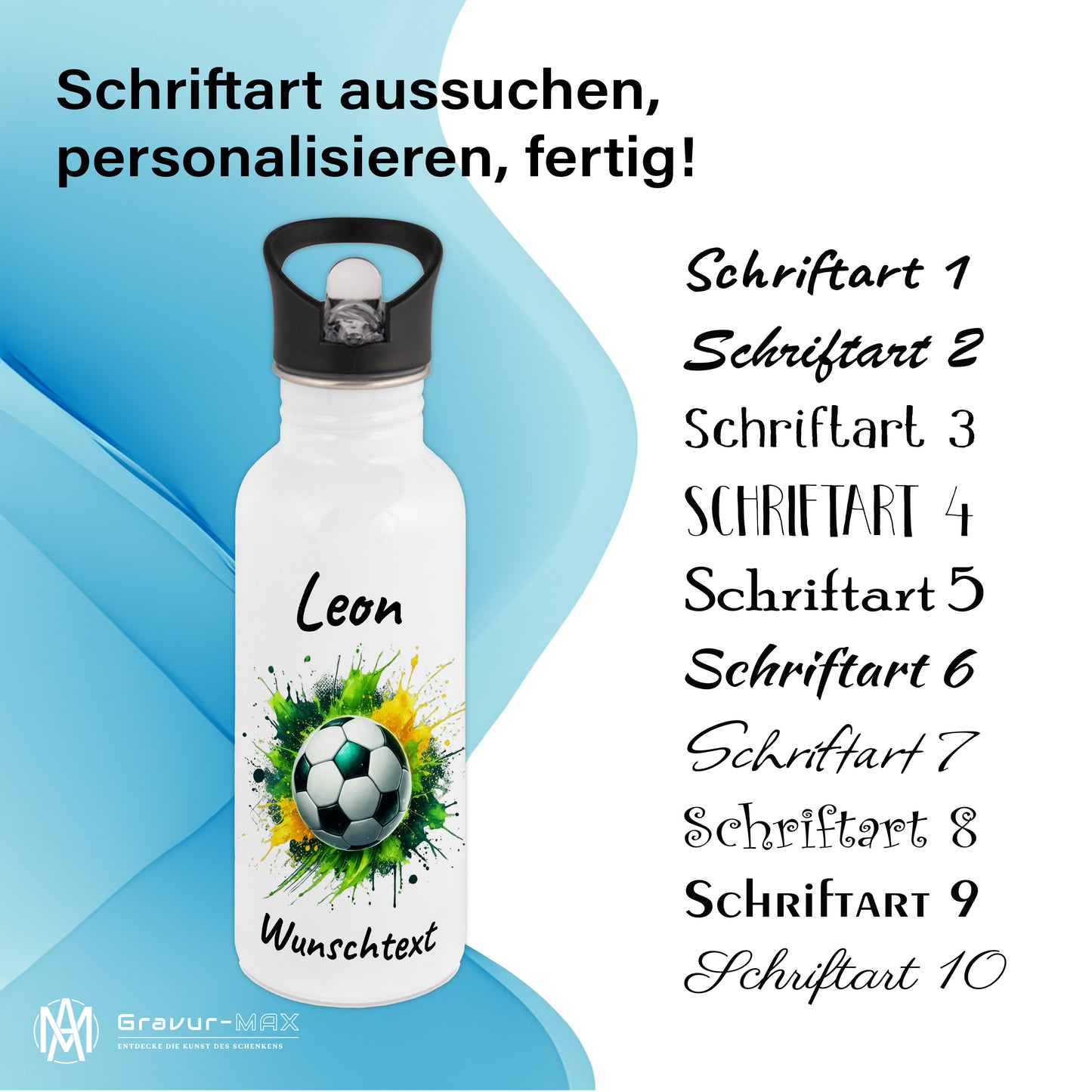 Trinkflasche mit Strohhalm in Weiß 600ml bedruckt mit Fußball Motiven"Motiv11" personalisierbar für Kinder mit Wunschname aus Edelstahl