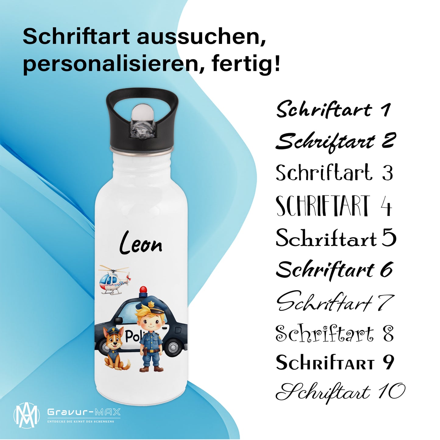 Trinkflasche mit Strohhalm in Weiß 600ml bedruckt mit tollen Motiven für Kinder "Polizei" personalisierbar für Kinder mit Wunschname aus Edelstahl