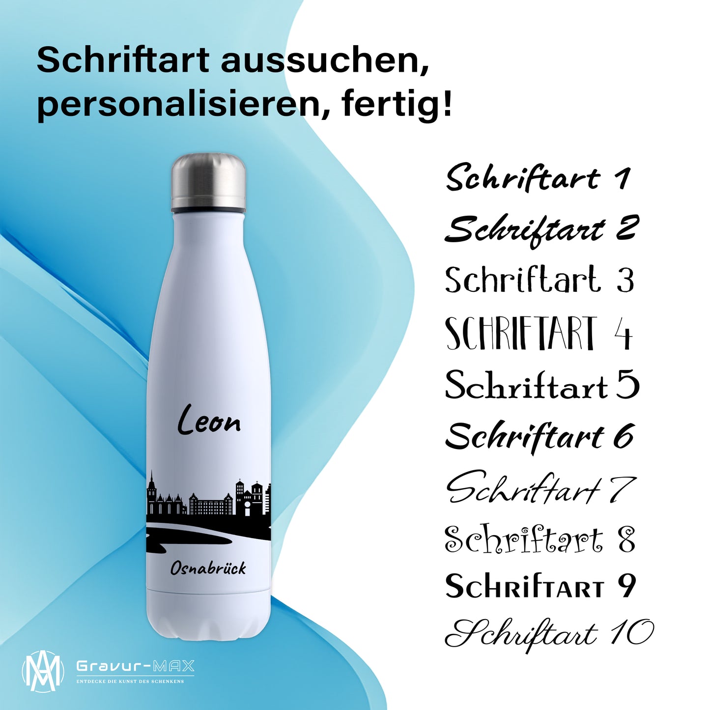 Trinkflasche in Weiß 500ml aus Edelstahl bedruckt mit der Skyline von Osnabrück personalisierbar mit Wunschname