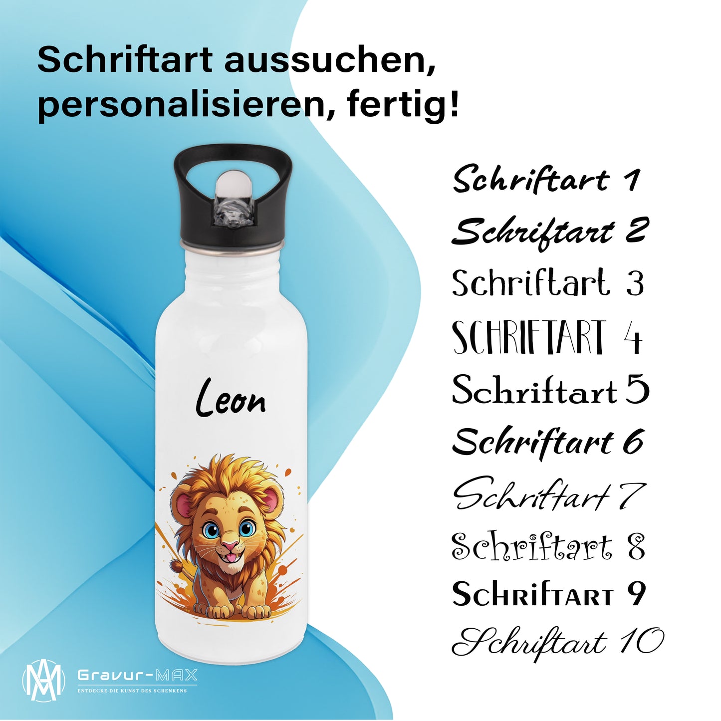Trinkflasche mit Strohhalm in Weiß 600ml bedruckt mit niedlichen Tieren"Löwe" personalisierbar für Kinder mit Wunschname aus Edelstahl