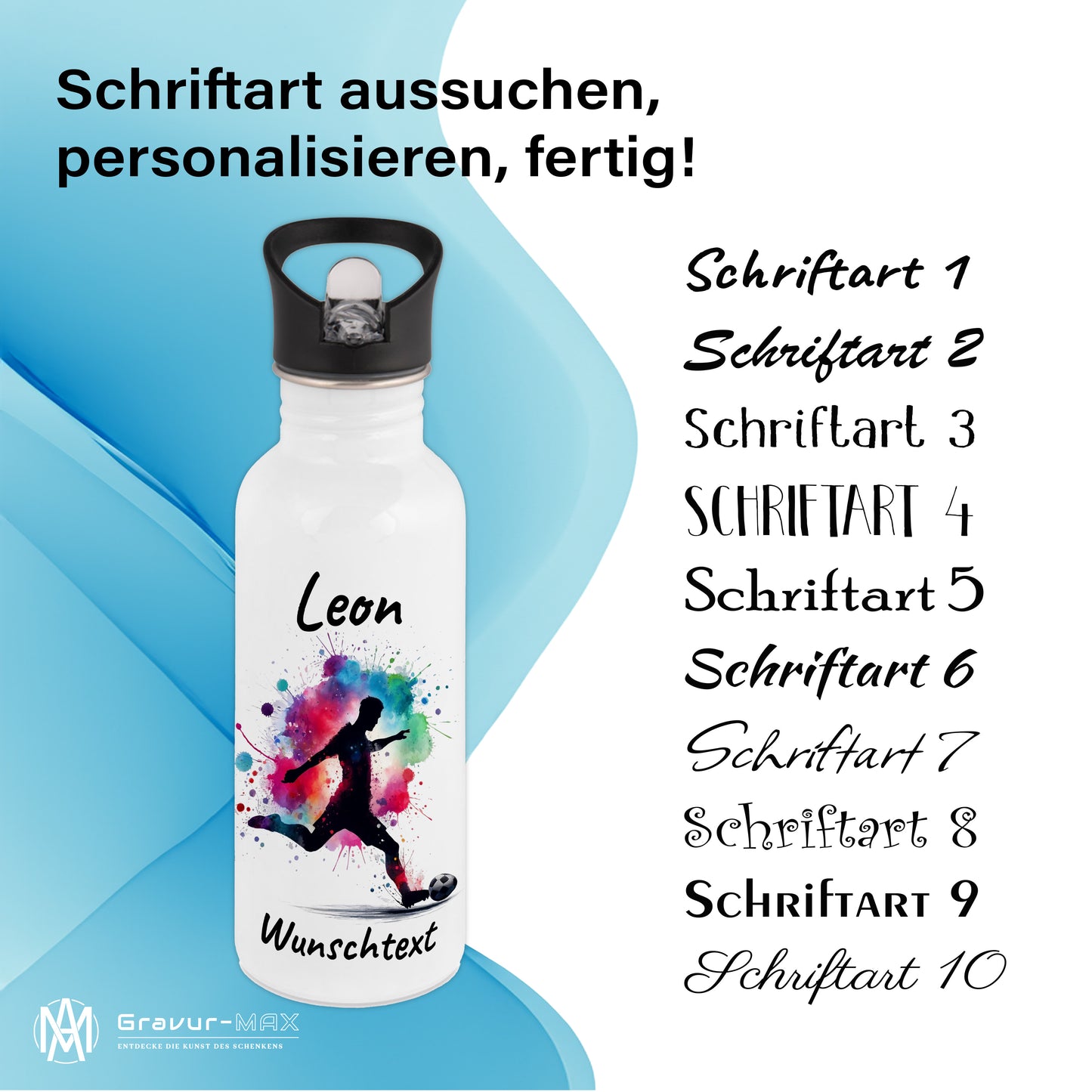 Trinkflasche mit Strohhalm in Weiß 600ml bedruckt mit Fußball Motiven"Motiv4" personalisierbar für Kinder mit Wunschname aus Edelstahl