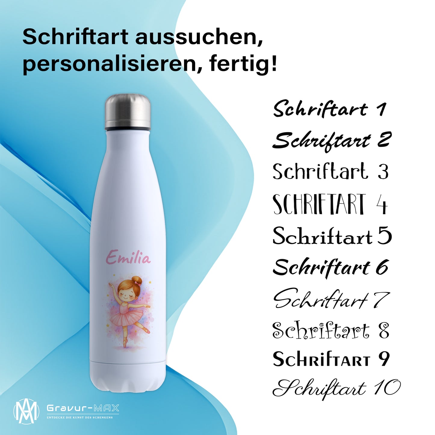 Thermoflasche 500ml in Weiß bedruckt mit tollen Motiven für Kinder "Ballerina" personalisierbar mit Wunschname