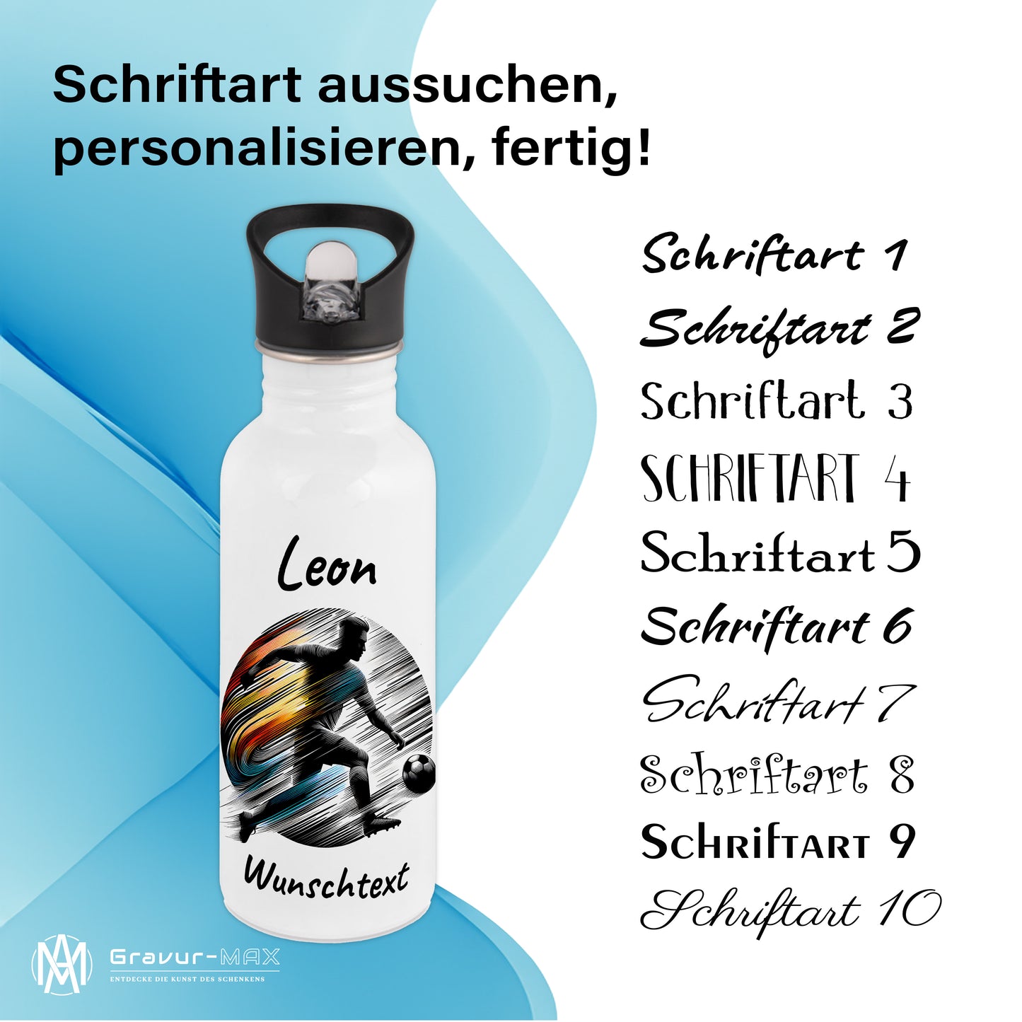 Trinkflasche mit Strohhalm in Weiß 600ml bedruckt mit Fußball Motiven"Motiv2" personalisierbar für Kinder mit Wunschname aus Edelstahl