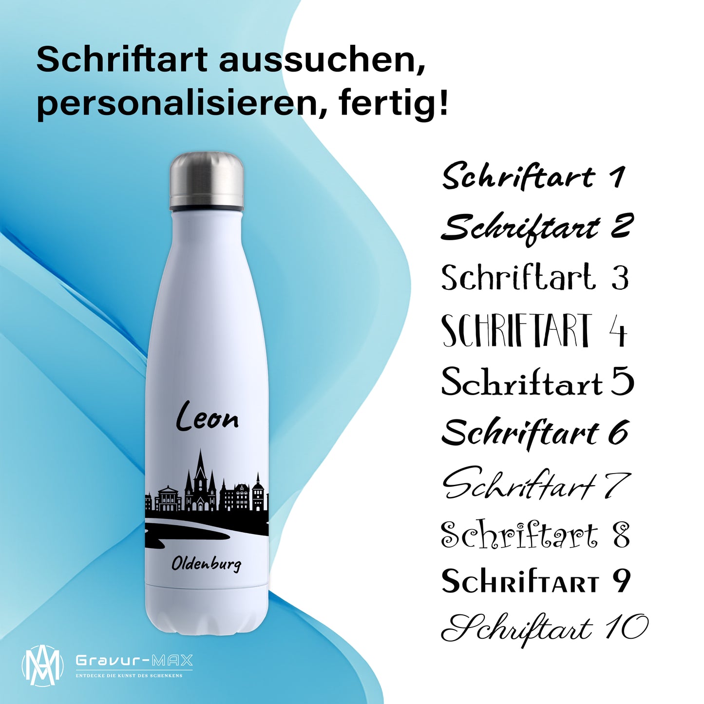 Trinkflasche in Weiß 500ml aus Edelstahl bedruckt mit der Skyline von Oldenburg personalisierbar mit Wunschname