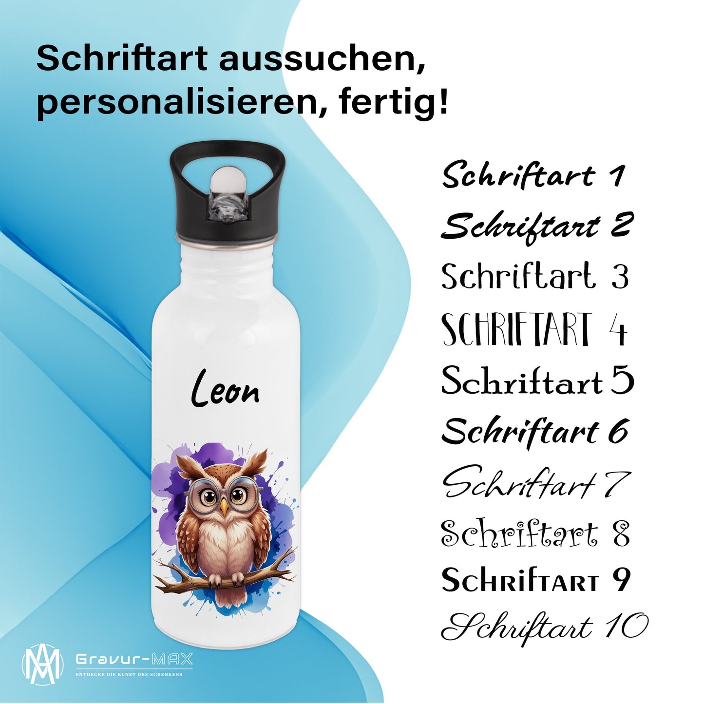 Trinkflasche mit Strohhalm in Weiß 600ml bedruckt mit niedlichen Tieren"Eule" personalisierbar für Kinder mit Wunschname aus Edelstahl