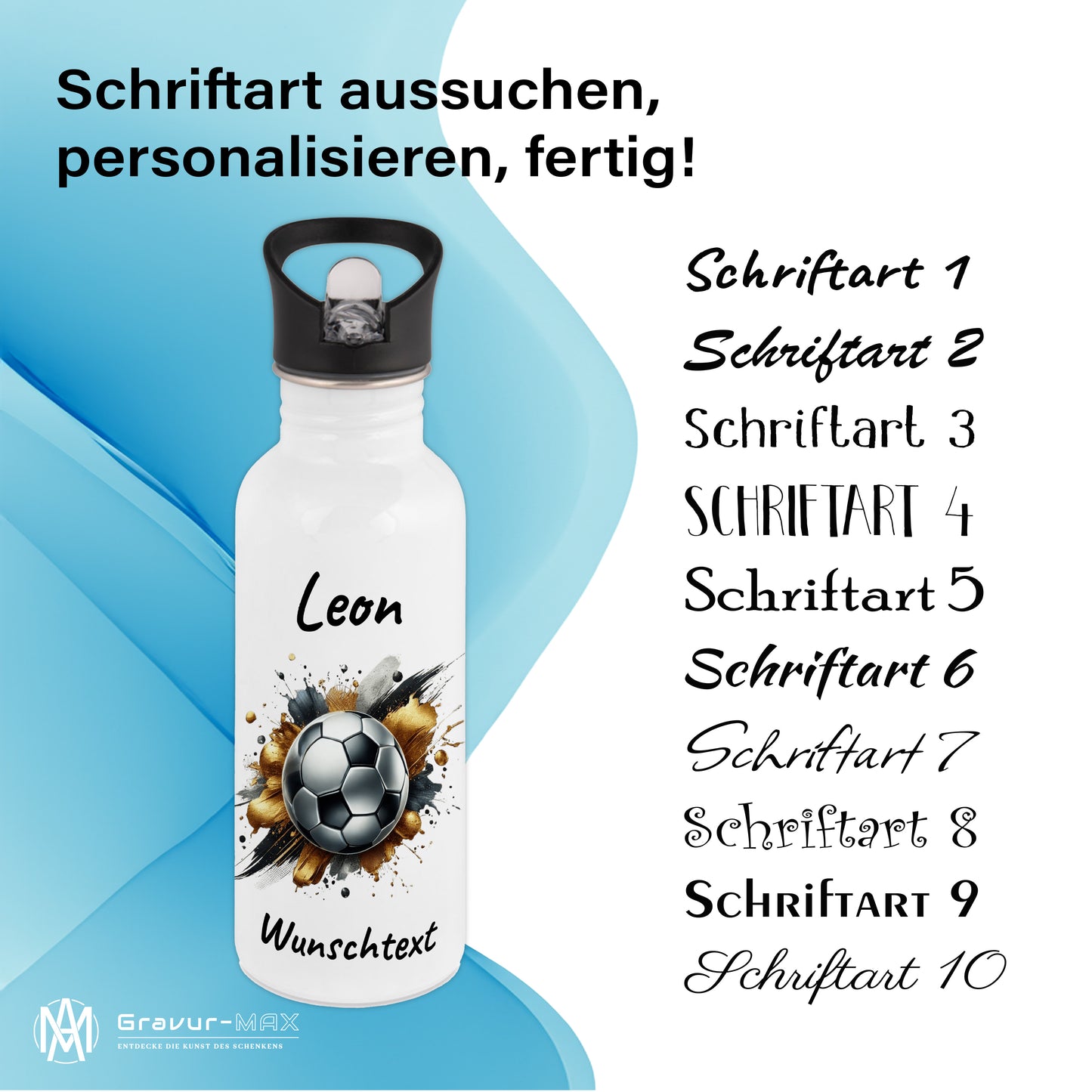 Trinkflasche mit Strohhalm in Weiß 600ml bedruckt mit Fußball Motiven"Motiv13" personalisierbar für Kinder mit Wunschname aus Edelstahl