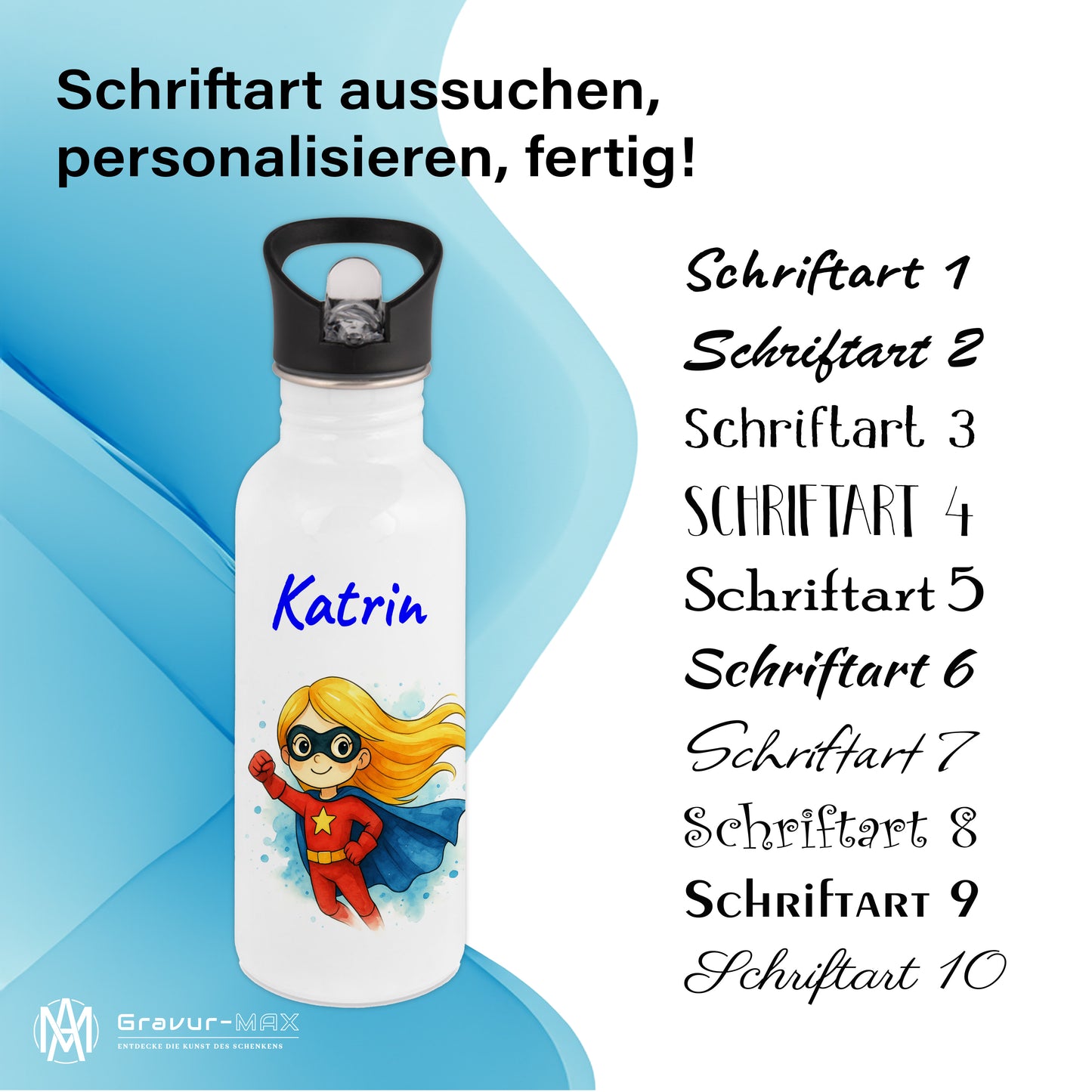 Trinkflasche mit Strohhalm in Weiß 600ml bedruckt mit tollen Motiven für Kinder "Superheldin" personalisierbar für Kinder mit Wunschname aus Edelstahl