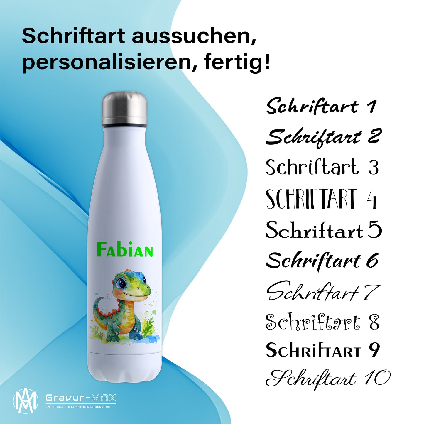 Thermoflasche 500ml in Weiß bedruckt mit tollen Motiven für Kinder "Dino Kinder" personalisierbar mit Wunschname