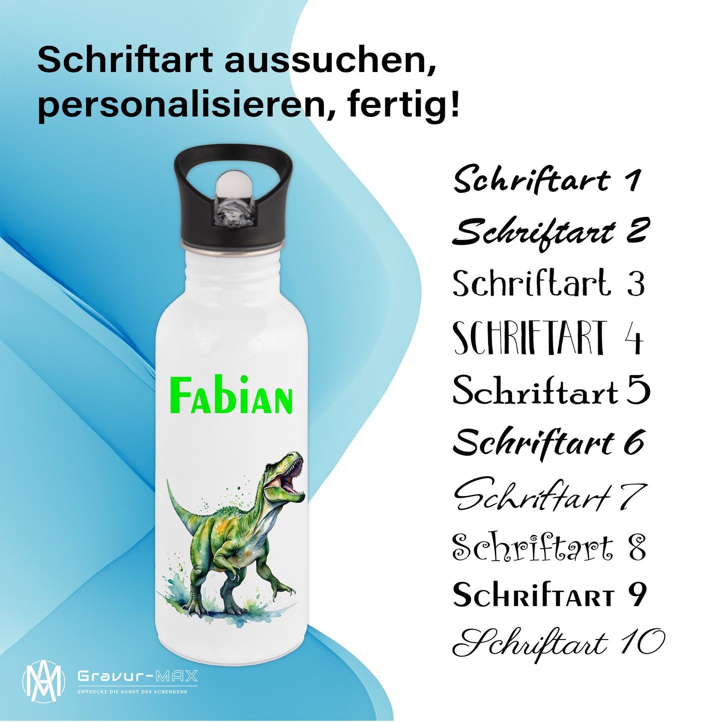 Trinkflasche mit Strohhalm in Weiß 600ml bedruckt mit tollen Motiven für Kinder "Dino T-Rex" personalisierbar für Kinder mit Wunschname aus Edelstahl