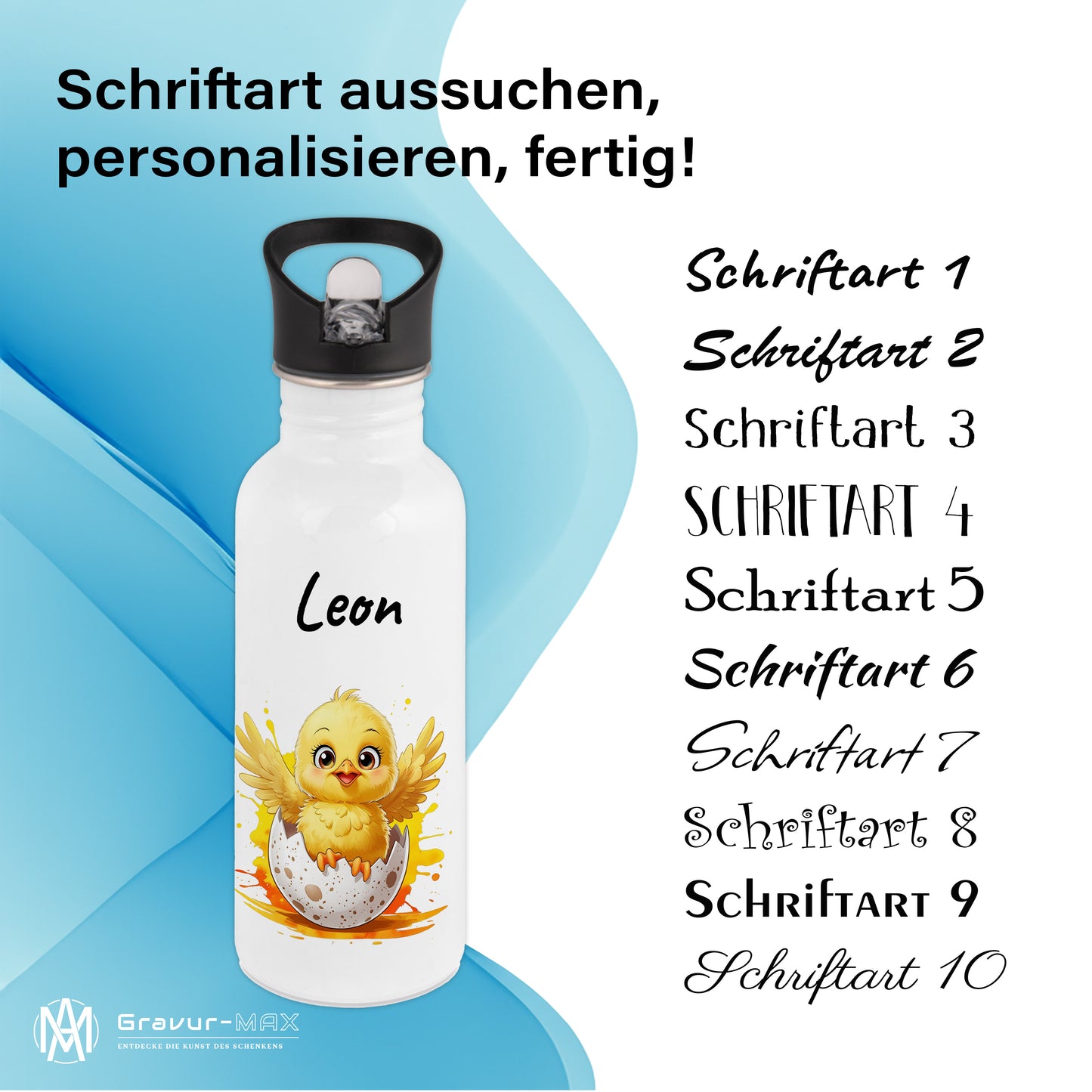Trinkflasche mit Strohhalm in Weiß 600ml bedruckt mit niedlichen Tieren"Küken" personalisierbar für Kinder mit Wunschname aus Edelstahl